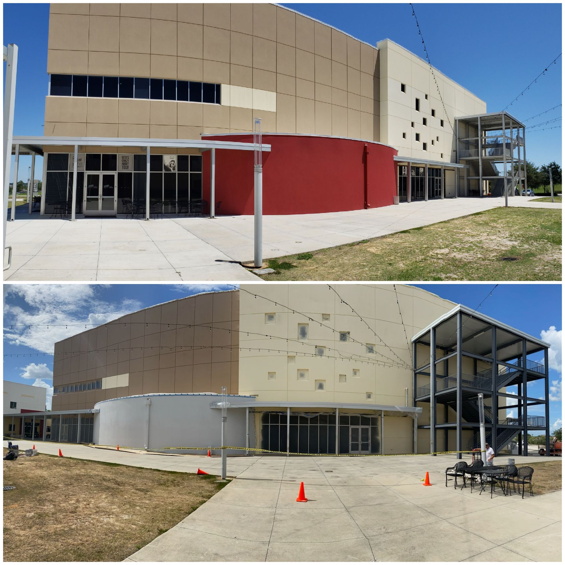 A before and after photo of a large building