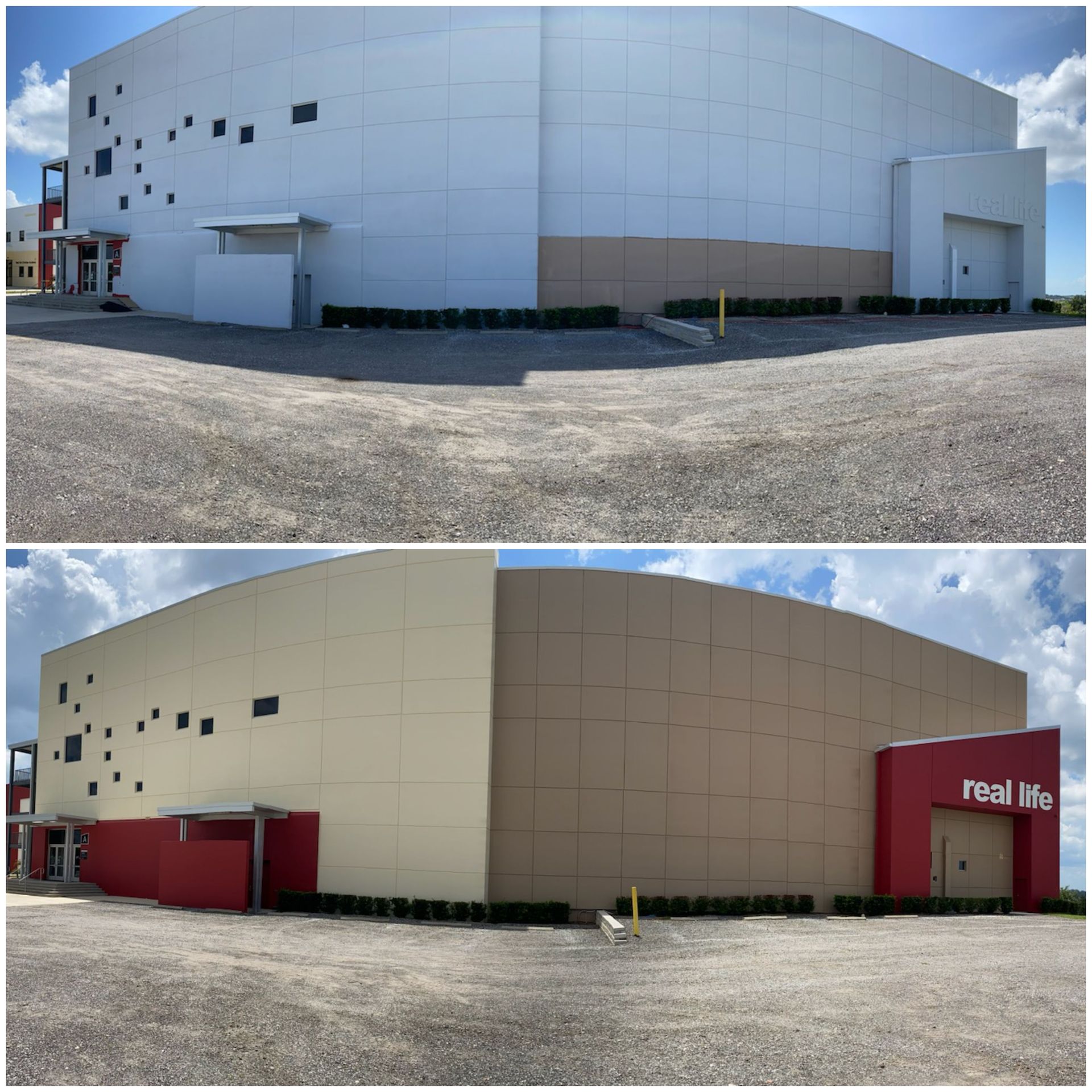 A before and after photo of a building that says real life