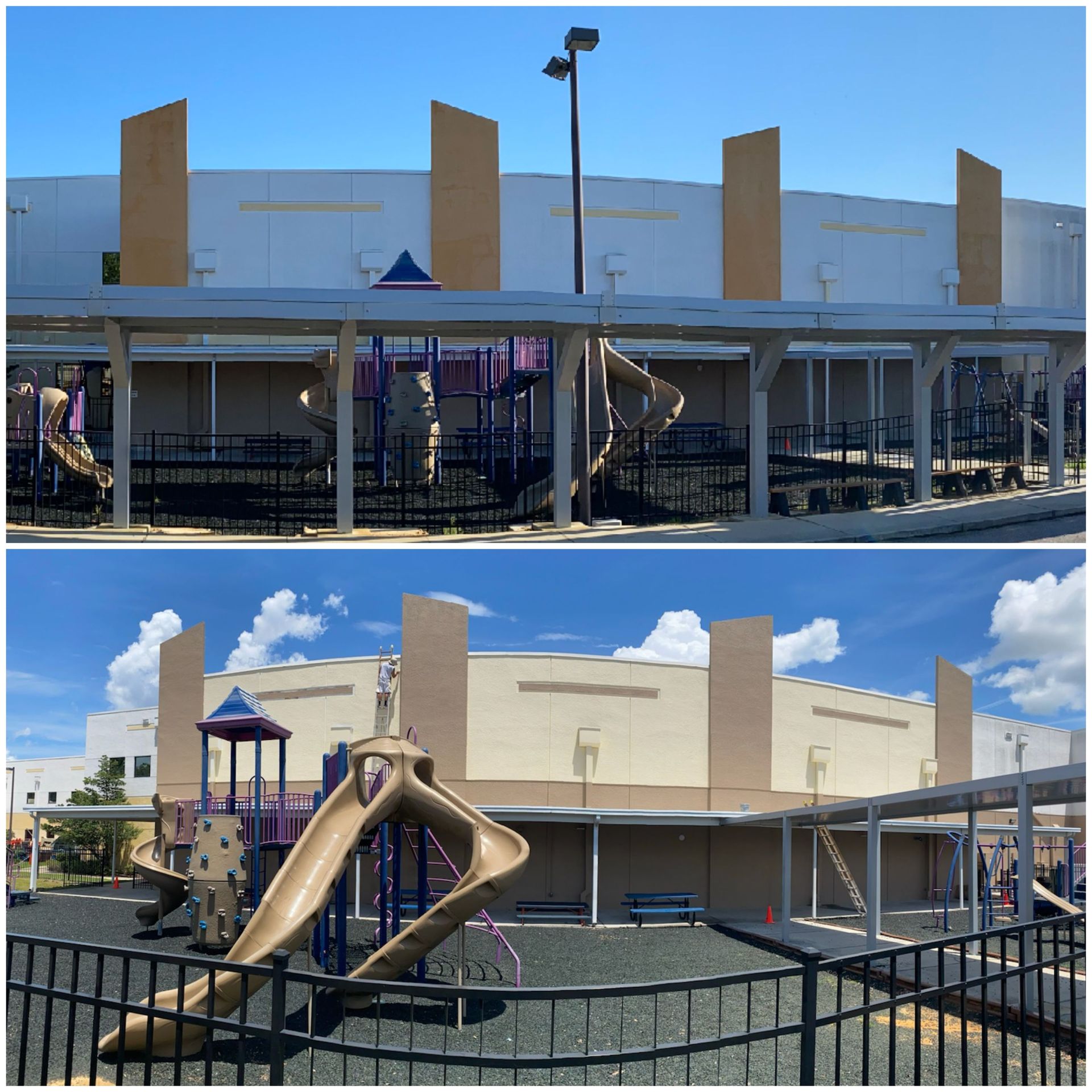 A before and after photo of a playground in front of a building