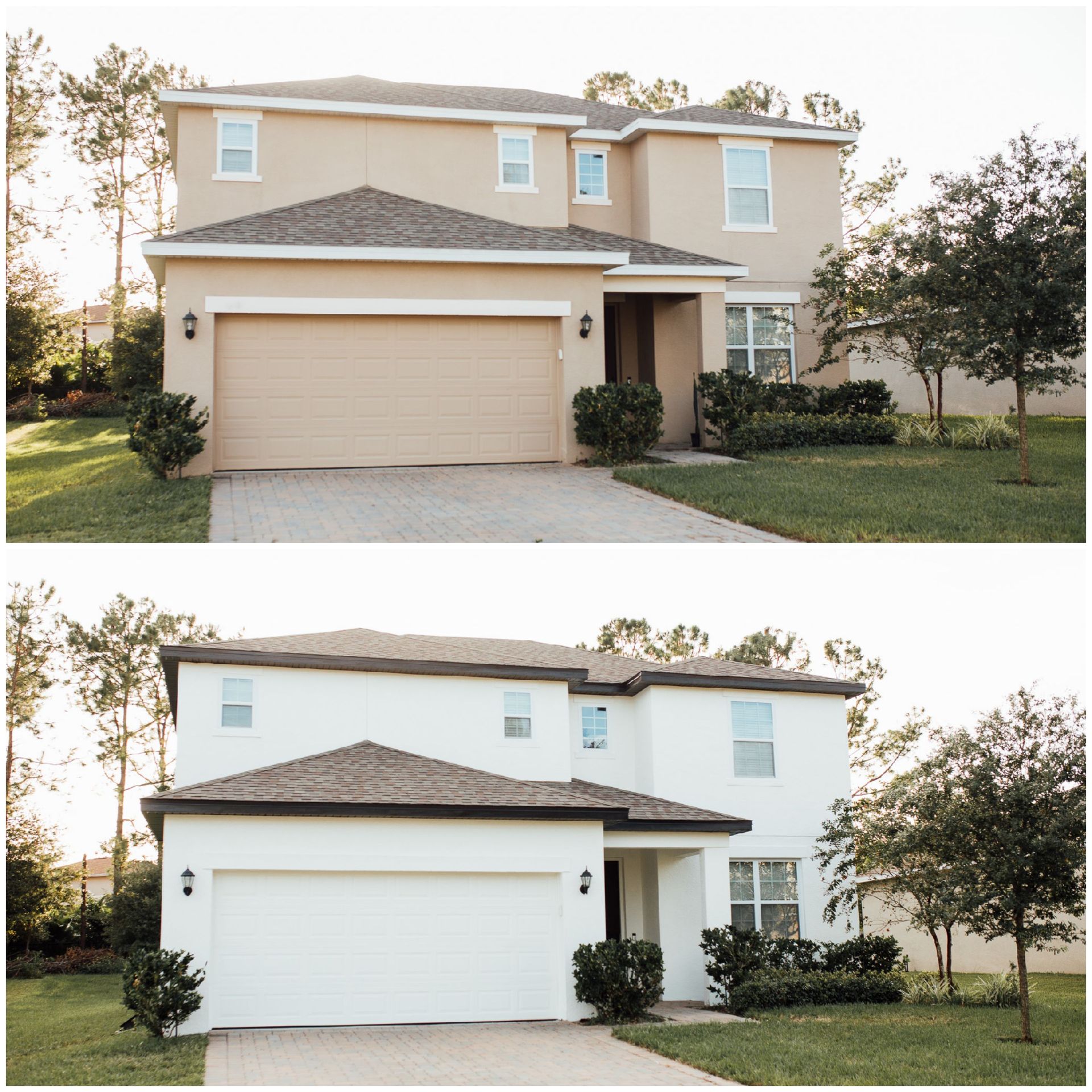 Two pictures of a house before and after being painted white