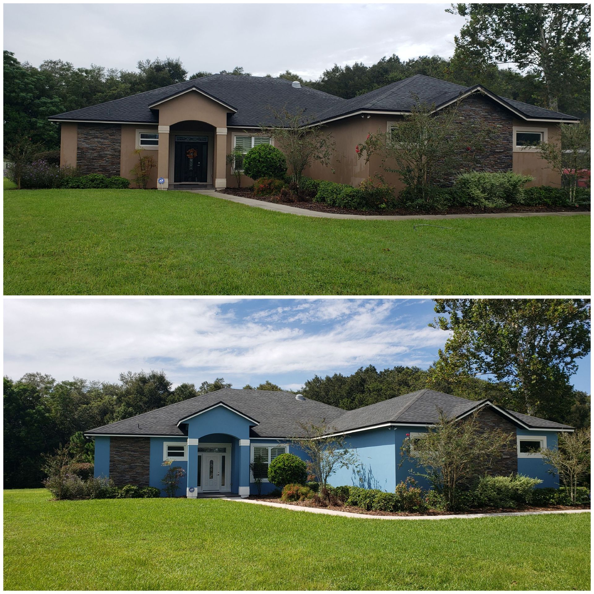 A before and after picture of a house with a roof