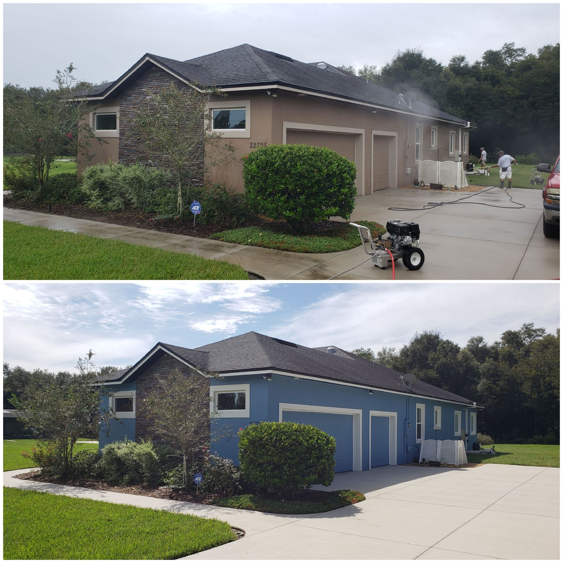 A before and after picture of a blue house with a black roof.