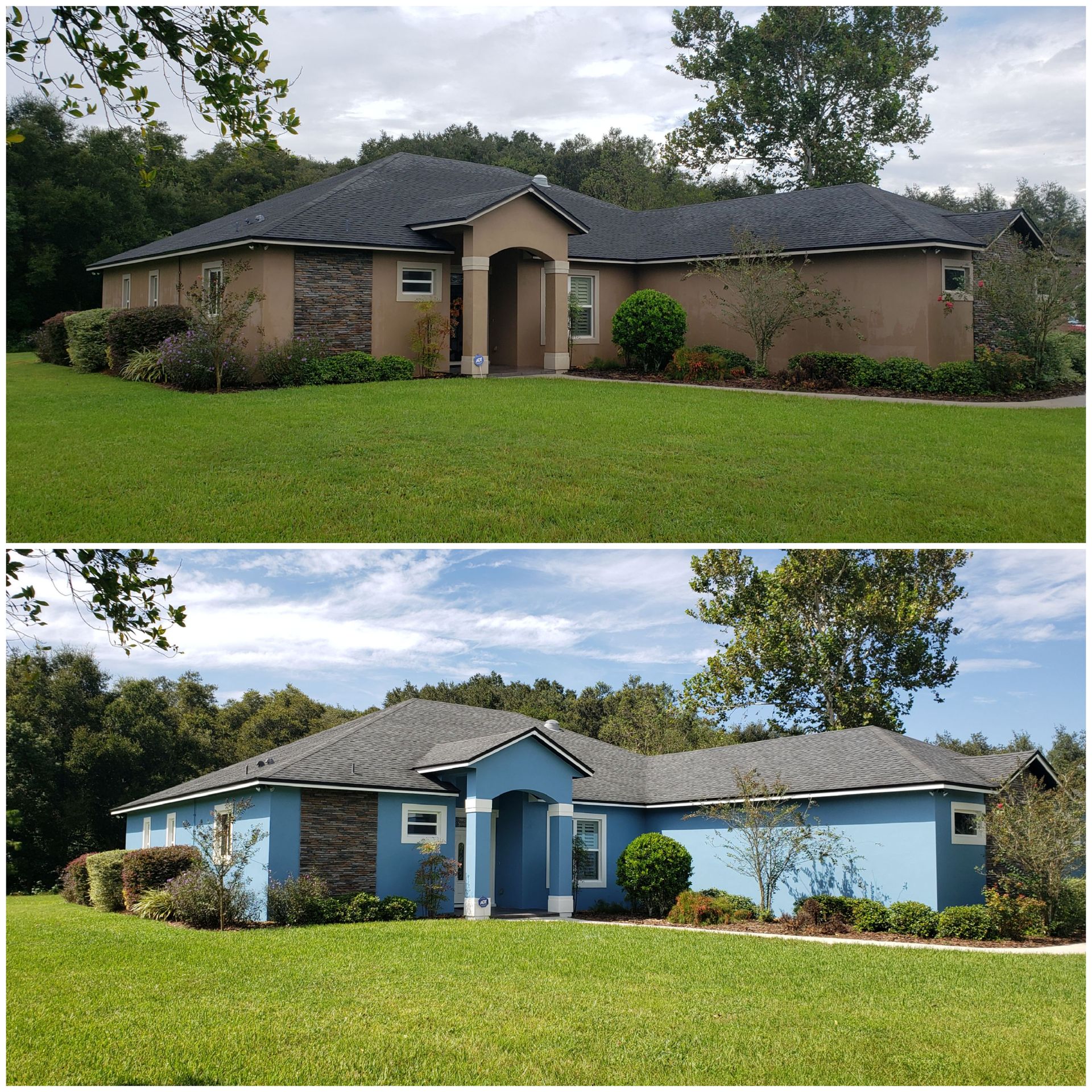 A before and after picture of a blue house with a gray roof