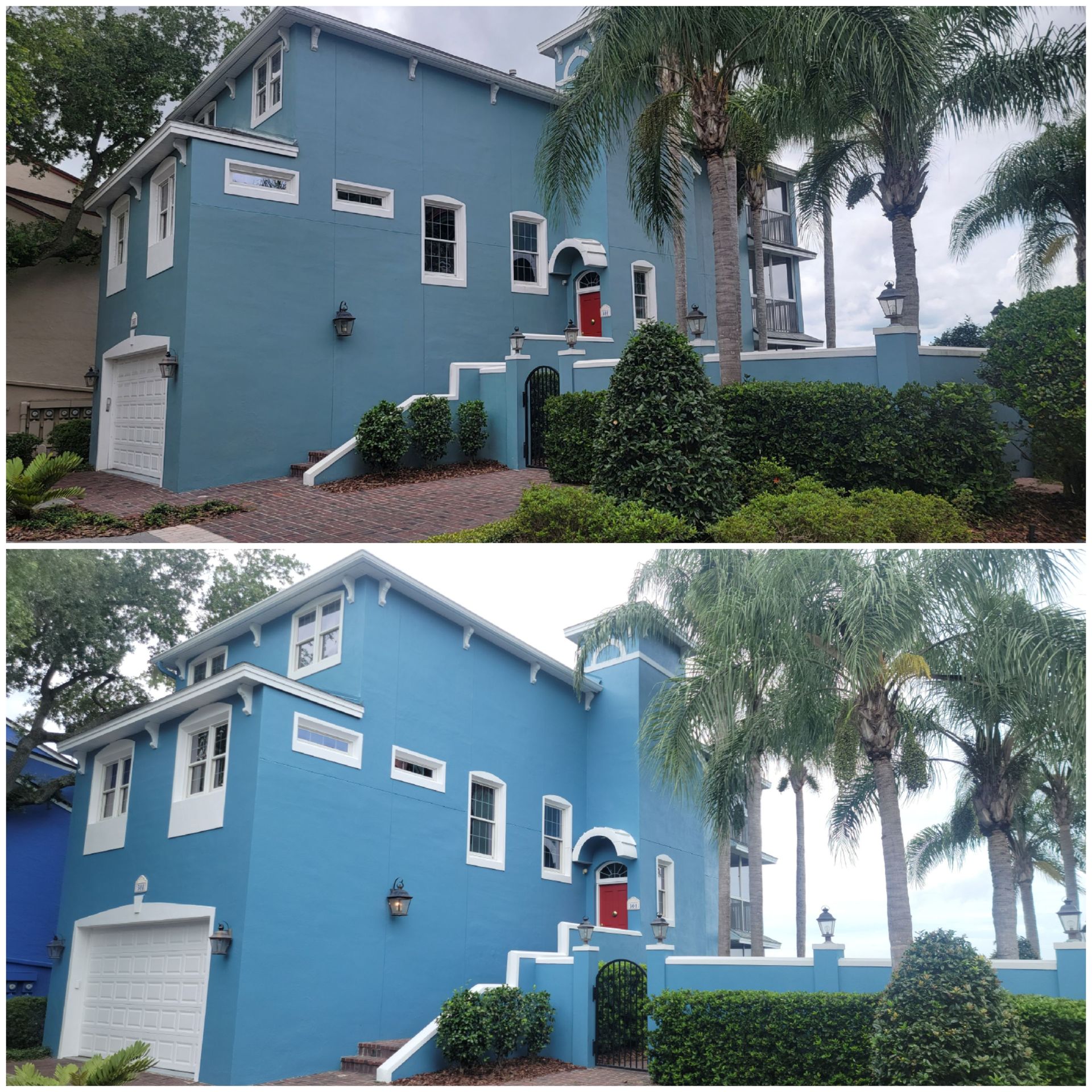 A before and after picture of a blue house with white trim.