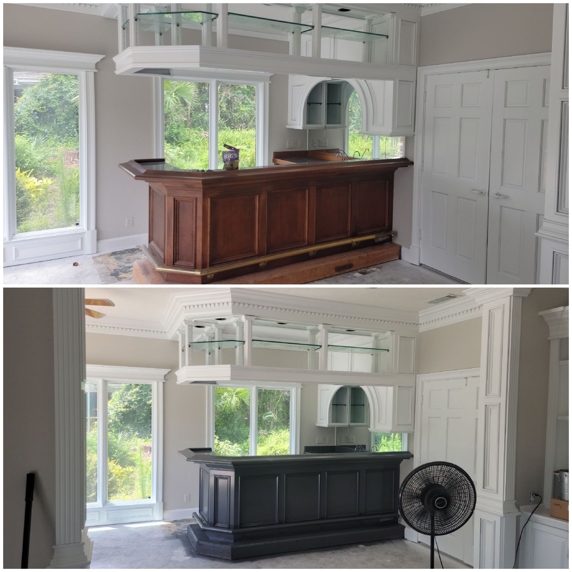 A before and after photo of a bar in a living room.