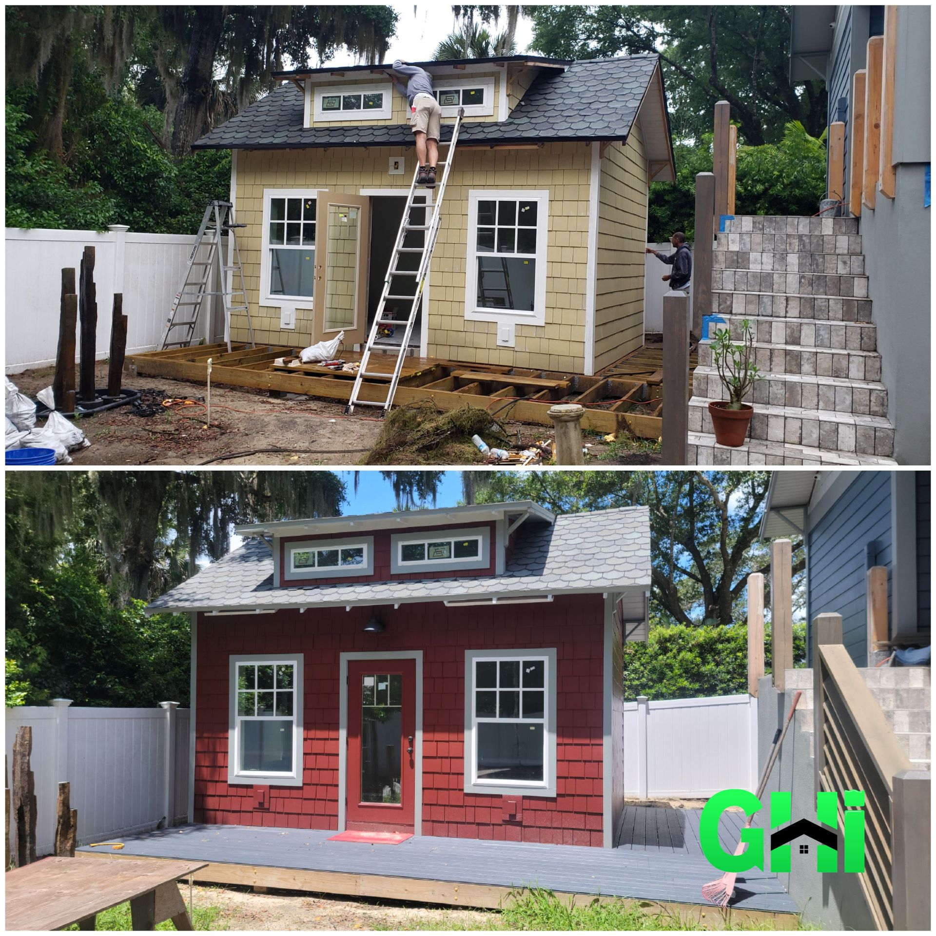 A before and after picture of a house being remodeled