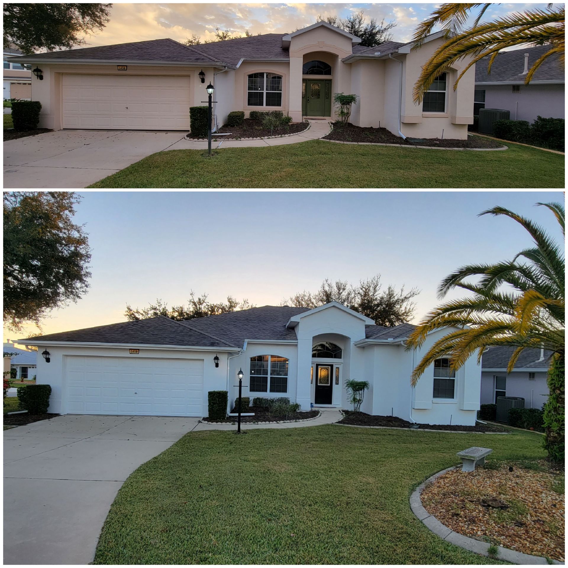 A before and after picture of a house with a palm tree in front of it
