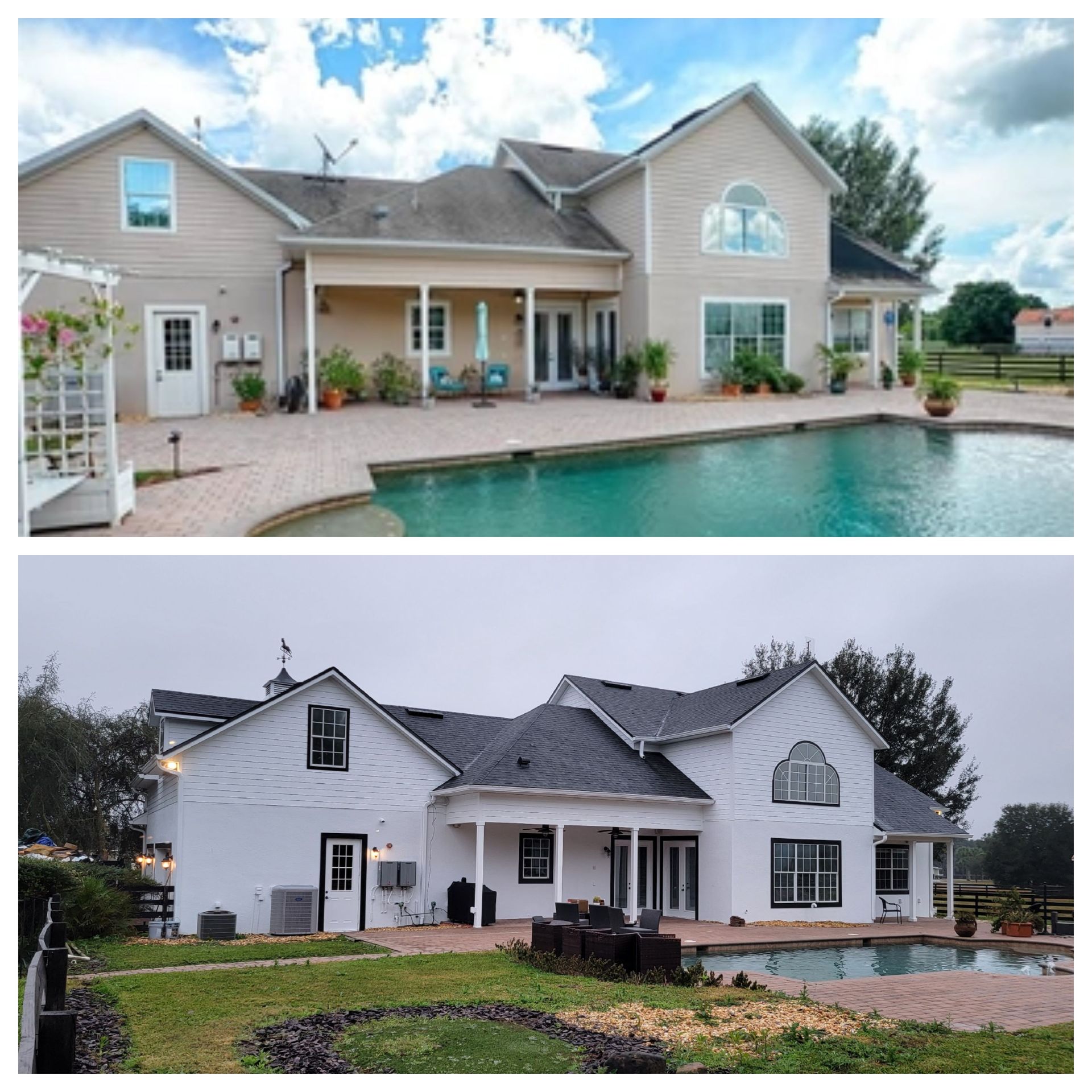 A before and after picture of a house with a pool