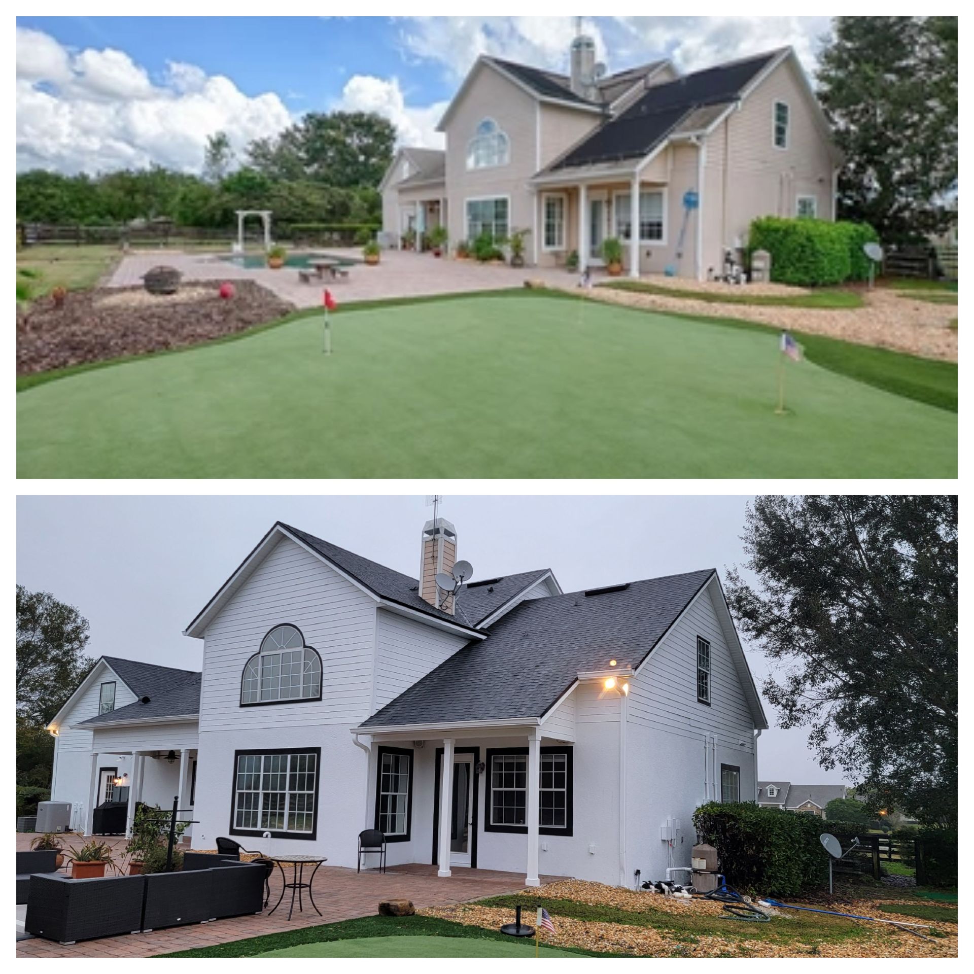 A before and after picture of a house with a golf course in the background