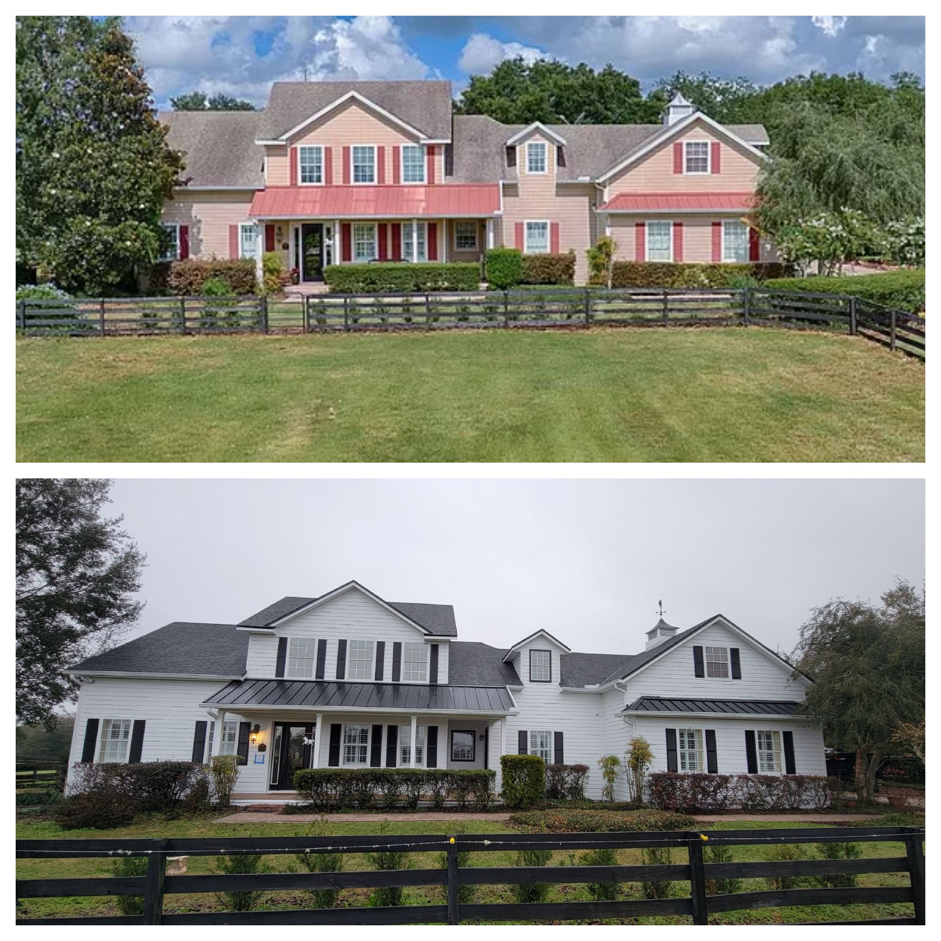 Two pictures of a house before and after being painted