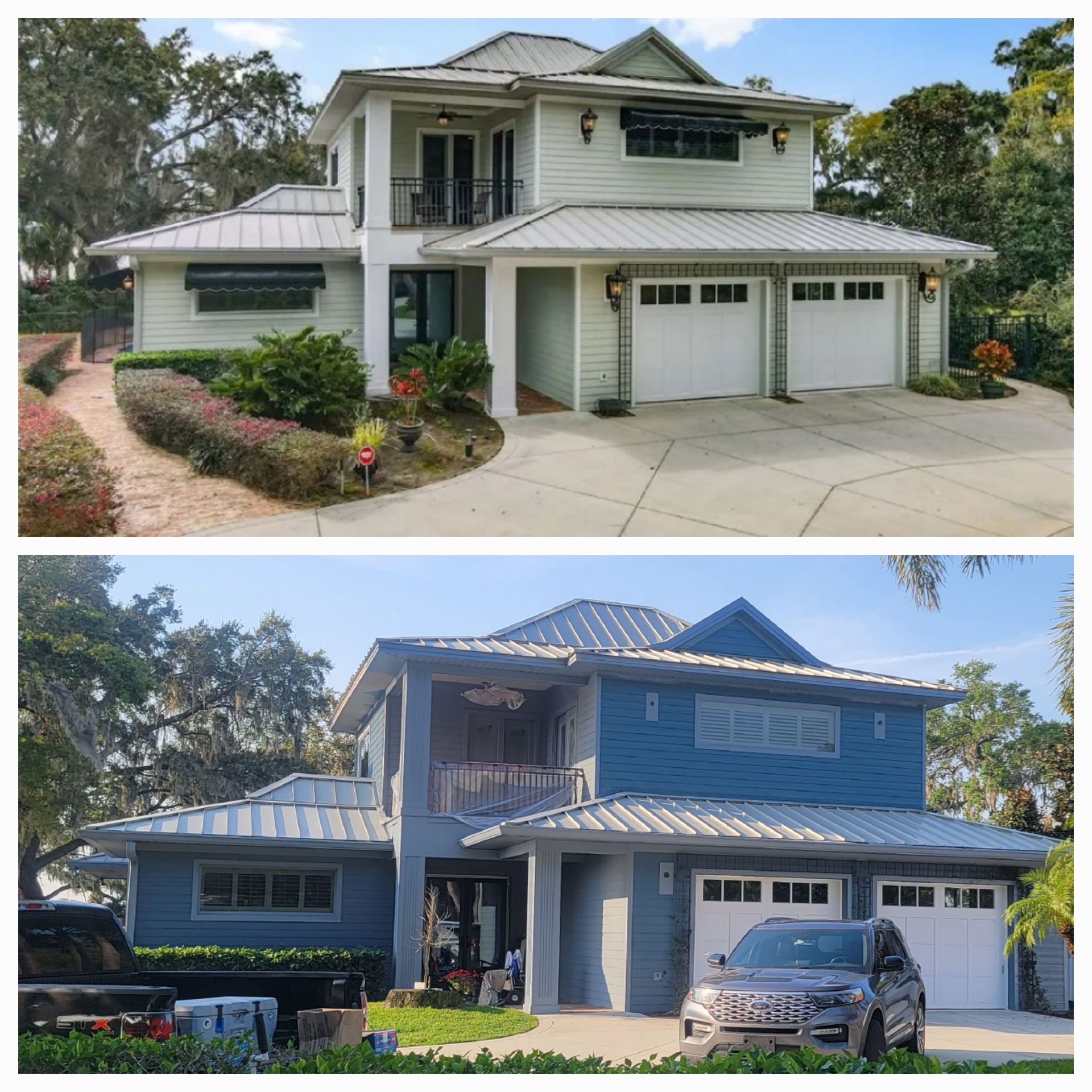 A before and after picture of a house with a car parked in front of it.