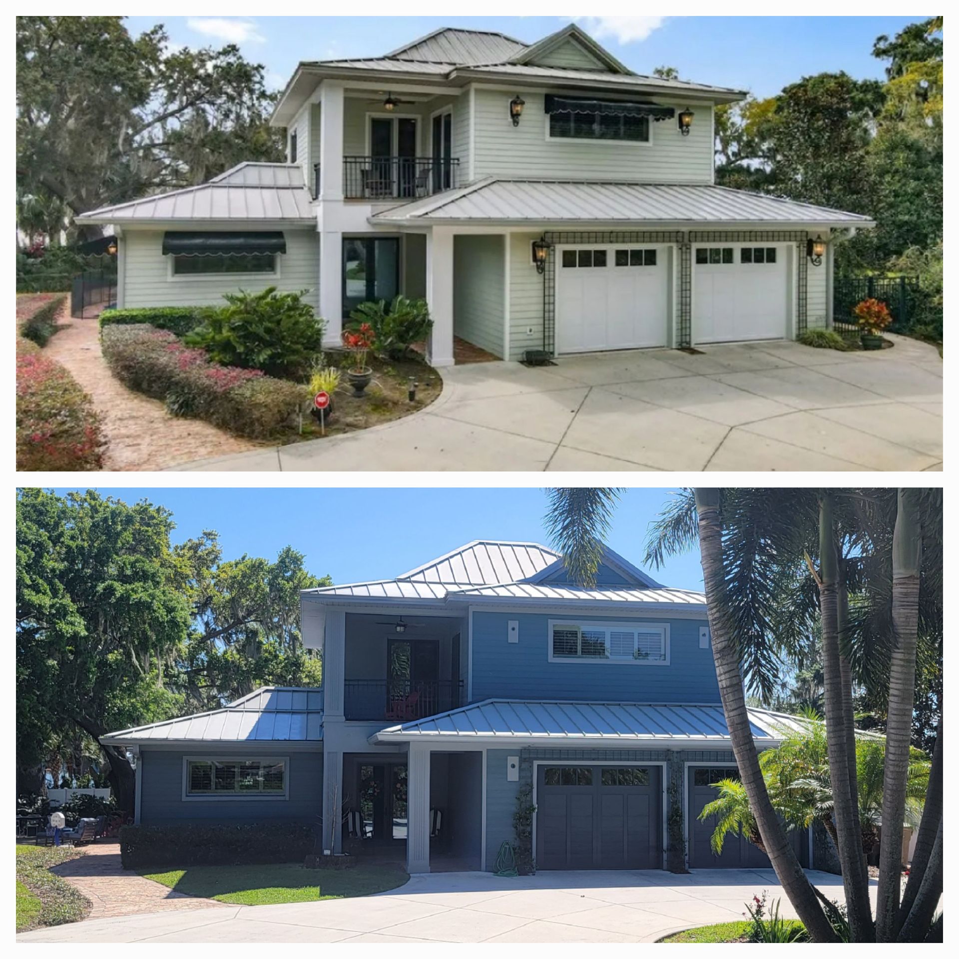 Two pictures of a house before and after being painted