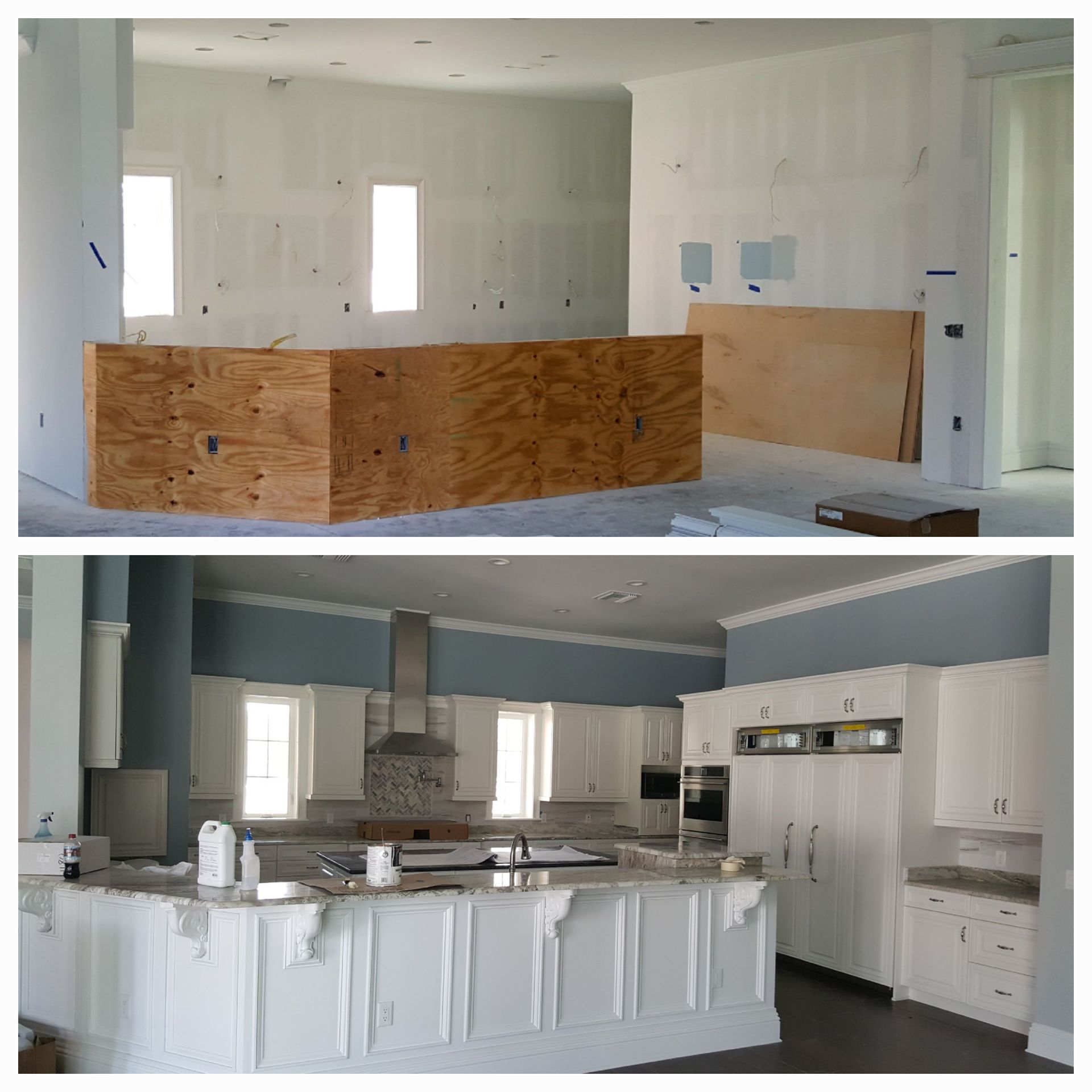 A before and after picture of a kitchen with white cabinets