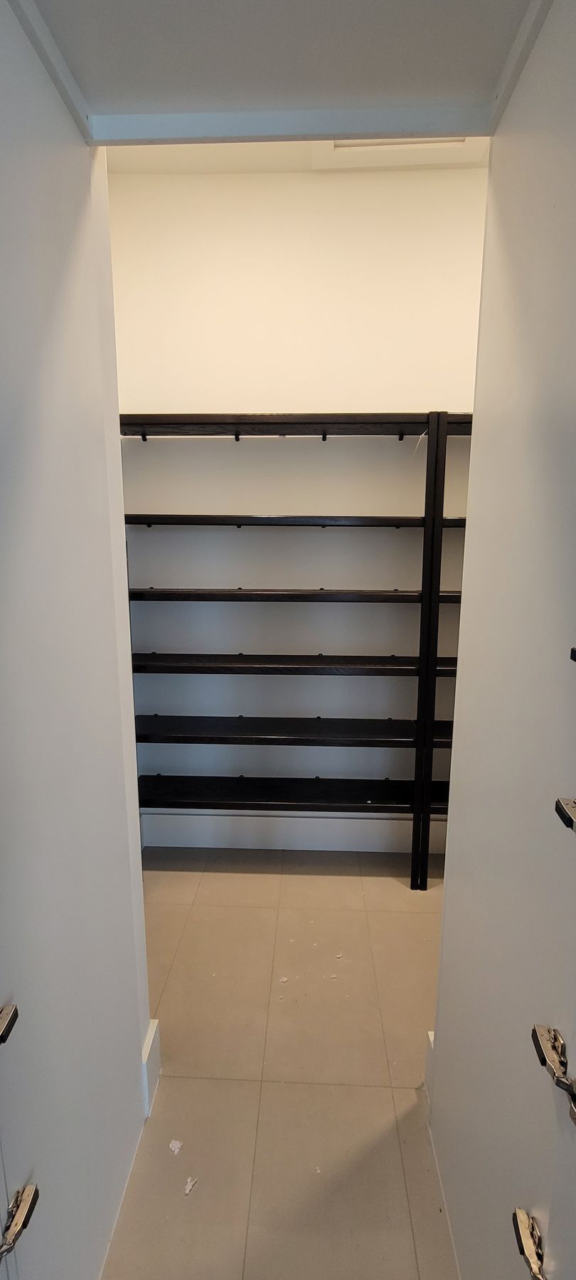 A hallway with a staircase and shelves in it.