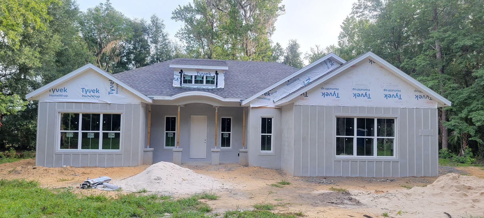 A house is being built in the middle of a field.
