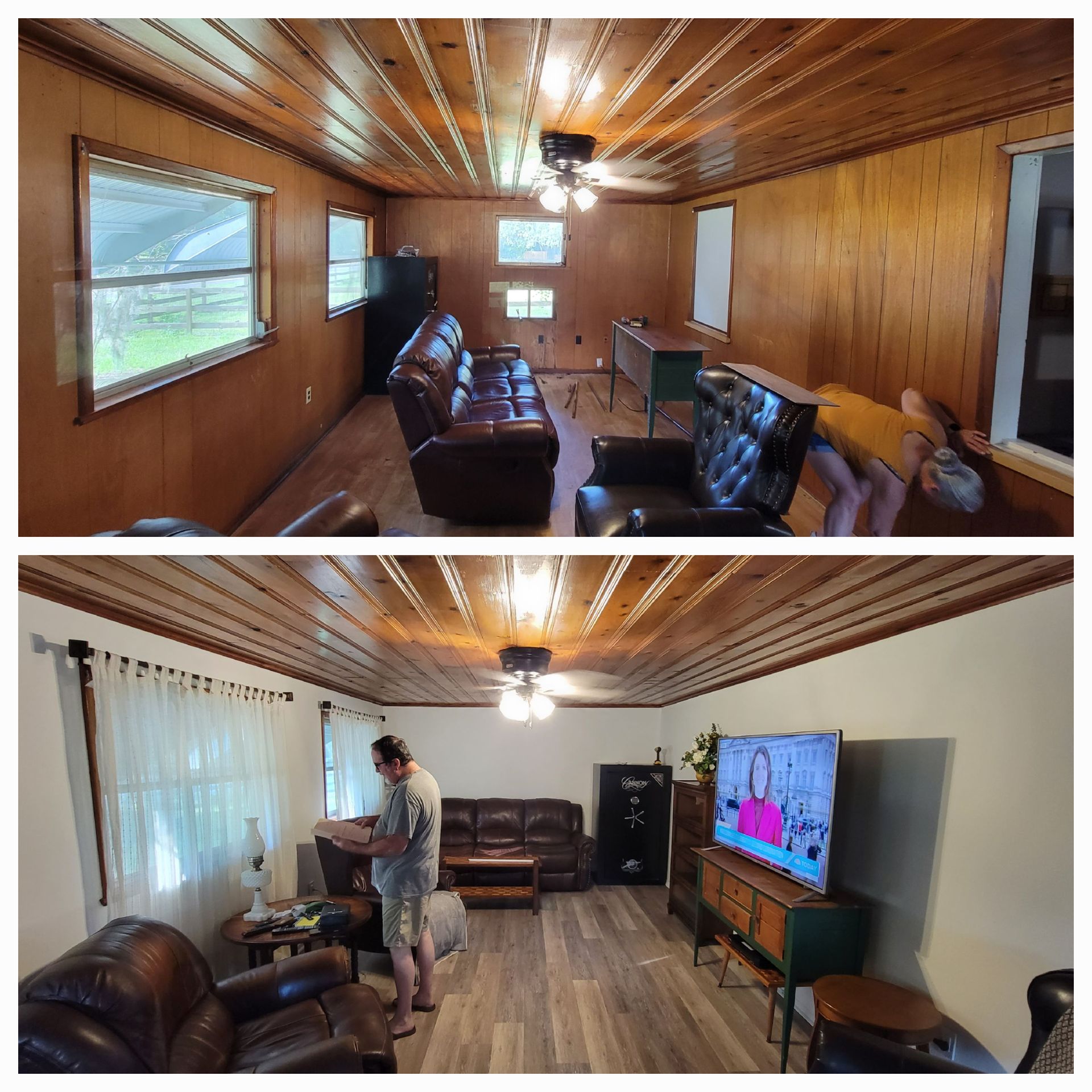 Two pictures of a living room before and after being remodeled