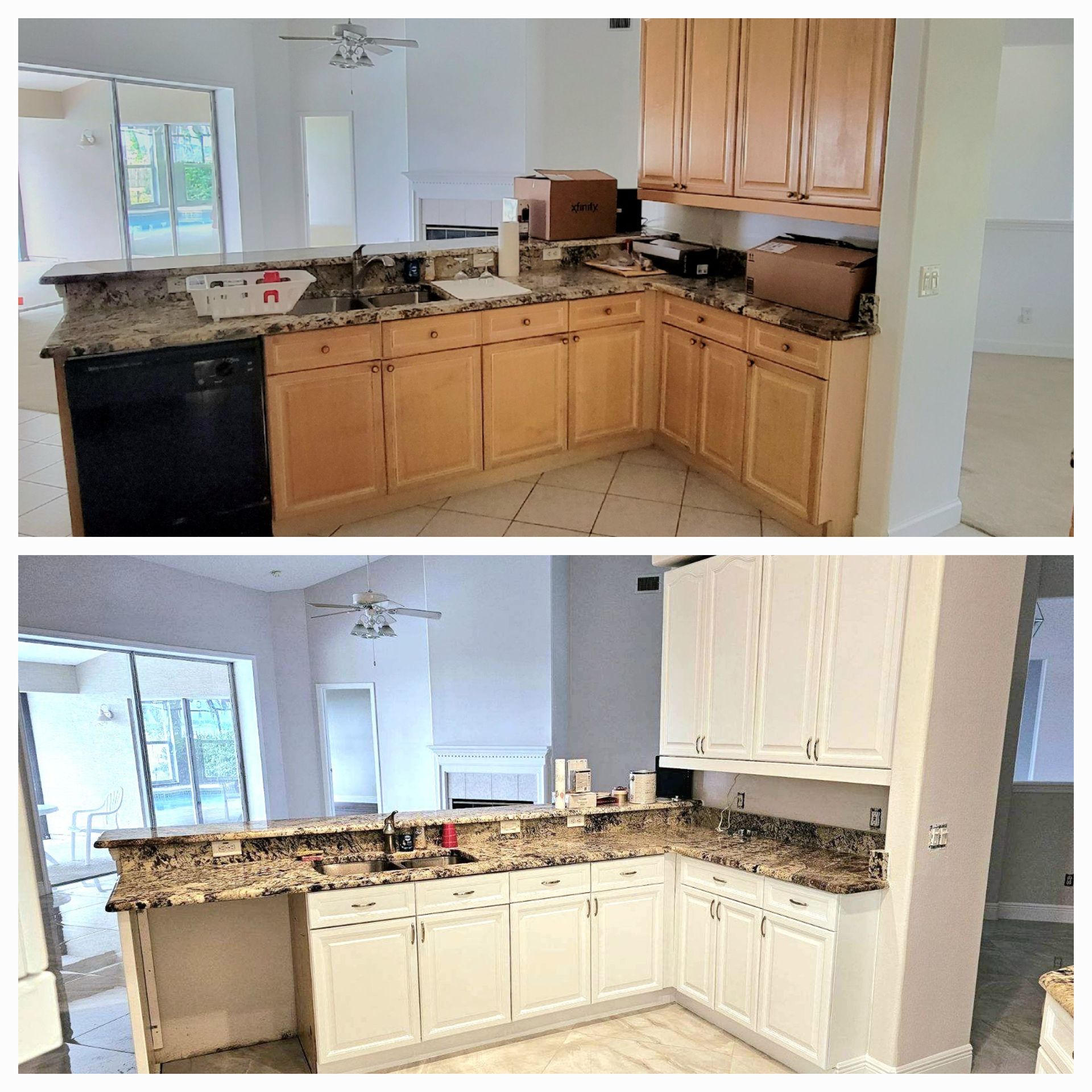 A kitchen before and after being painted white