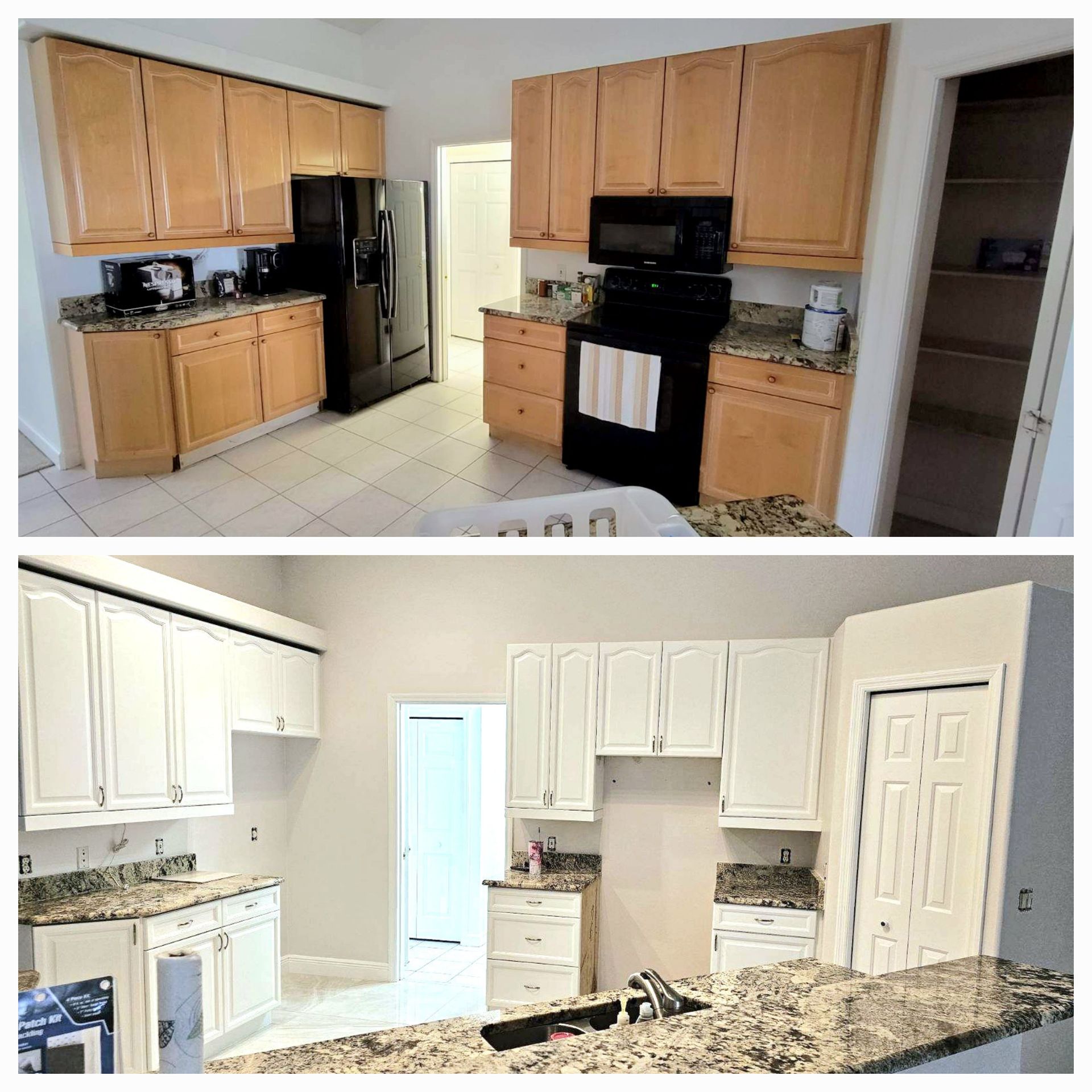 A before and after photo of a kitchen with wooden cabinets and granite counter tops