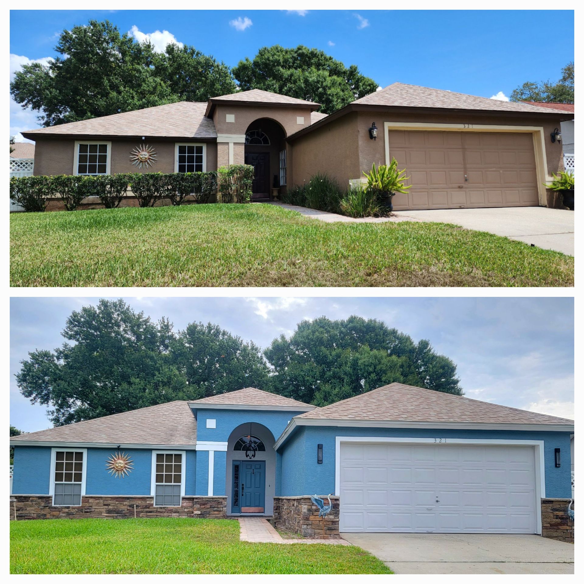 Two pictures of a house before and after being painted blue