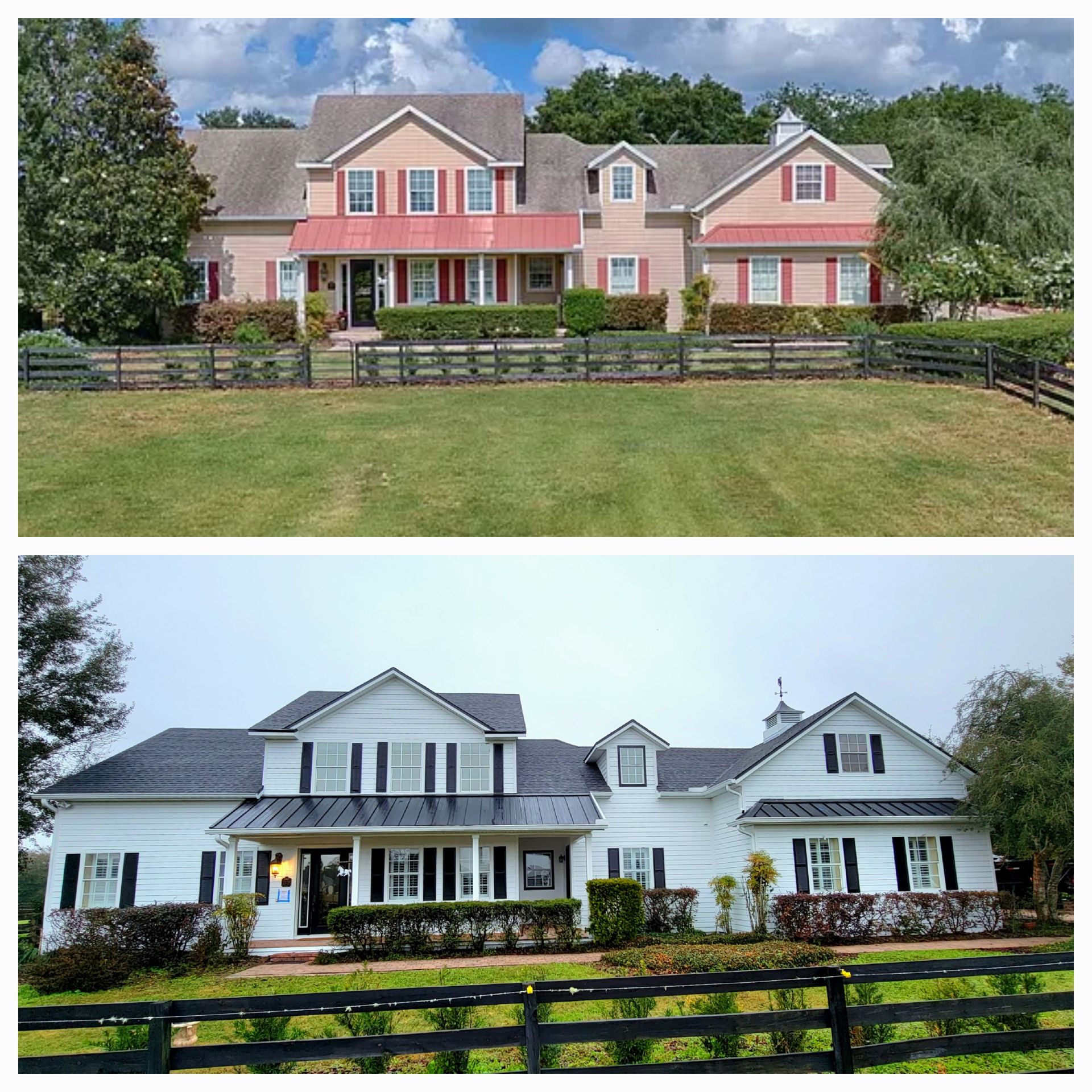 Two pictures of a house before and after being painted