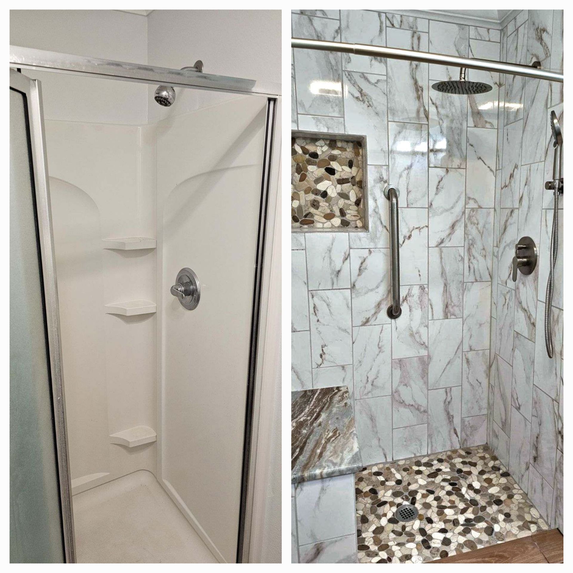 A before and after picture of a shower with marble tiles.
