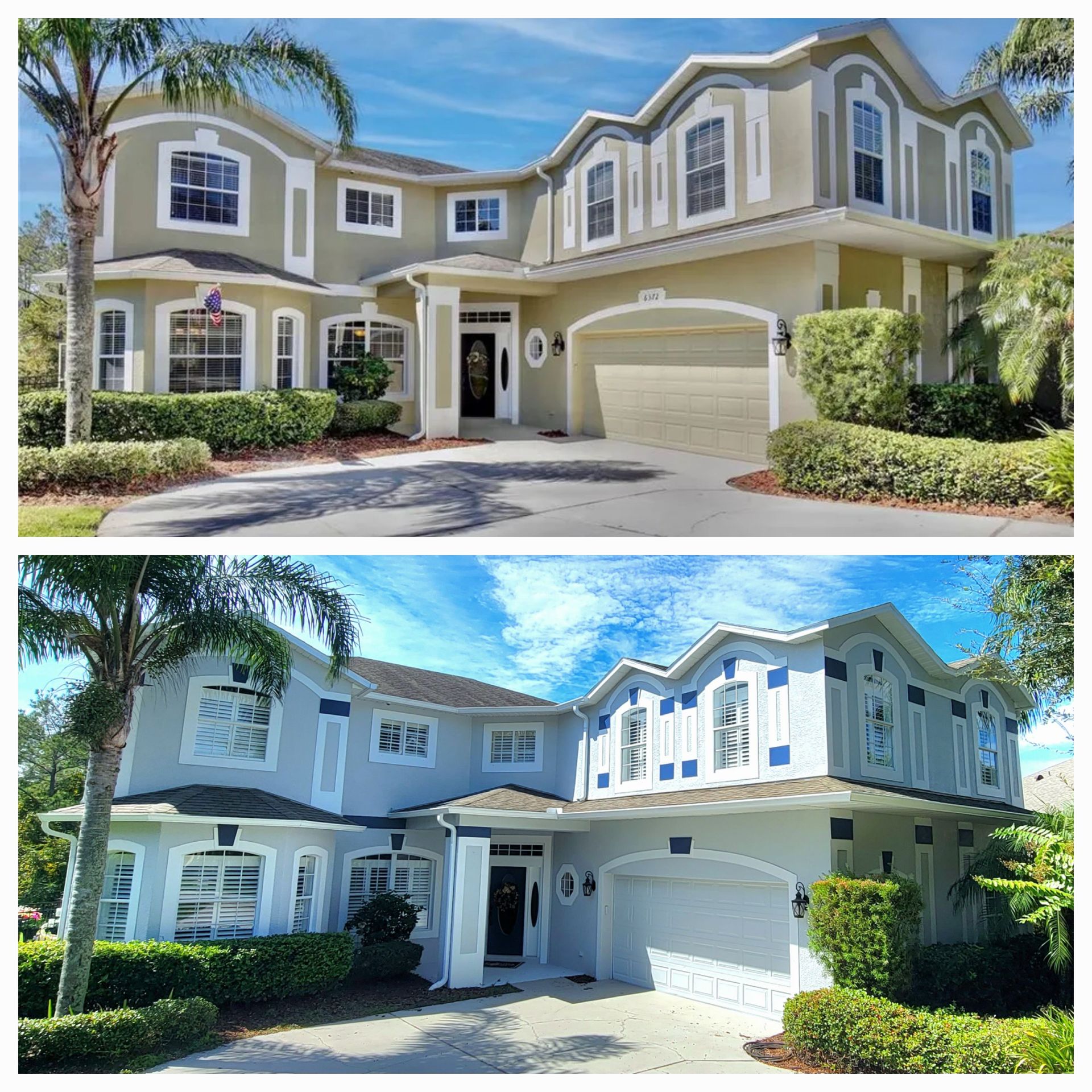 Two pictures of a house before and after being painted