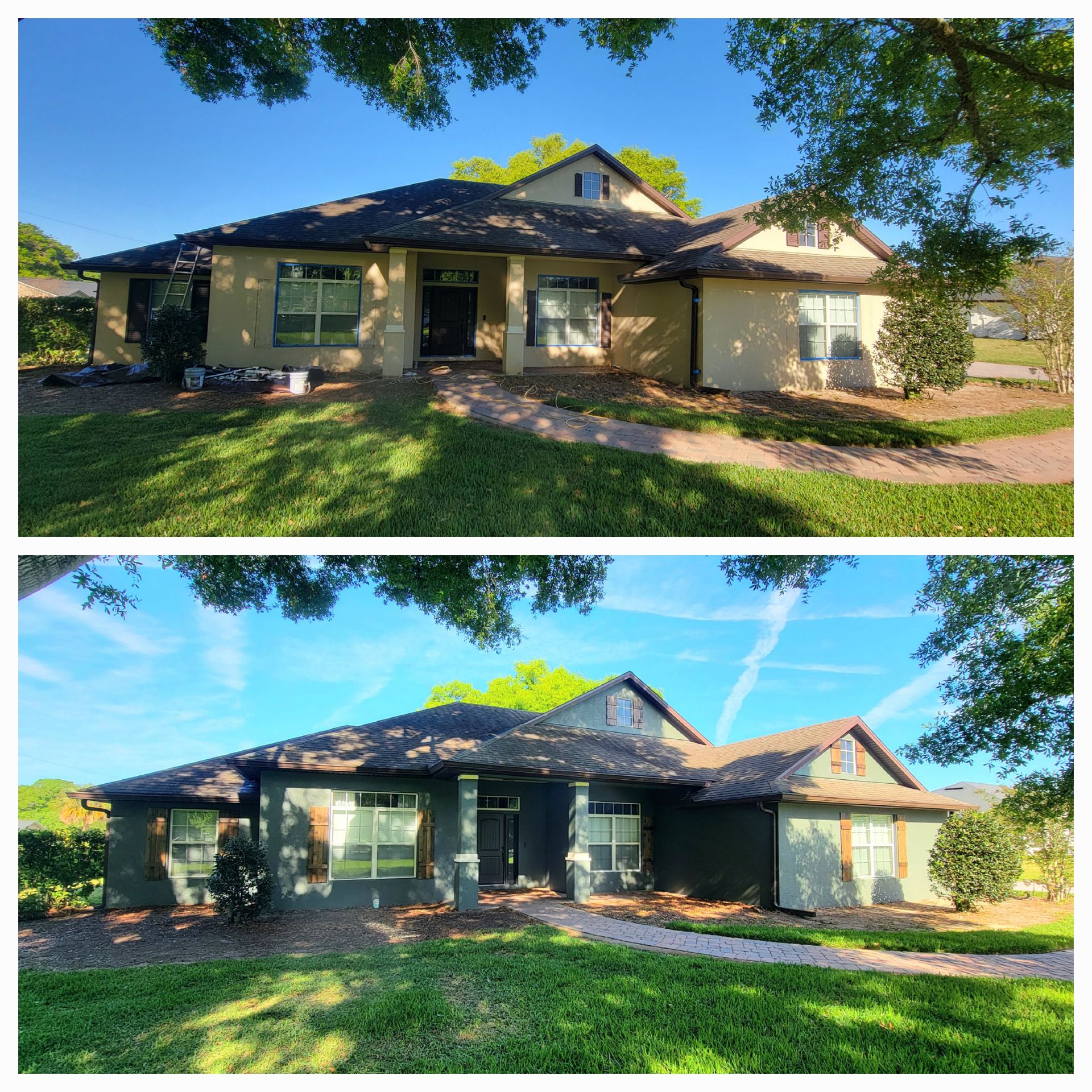 A before and after picture of a house that has been painted black.