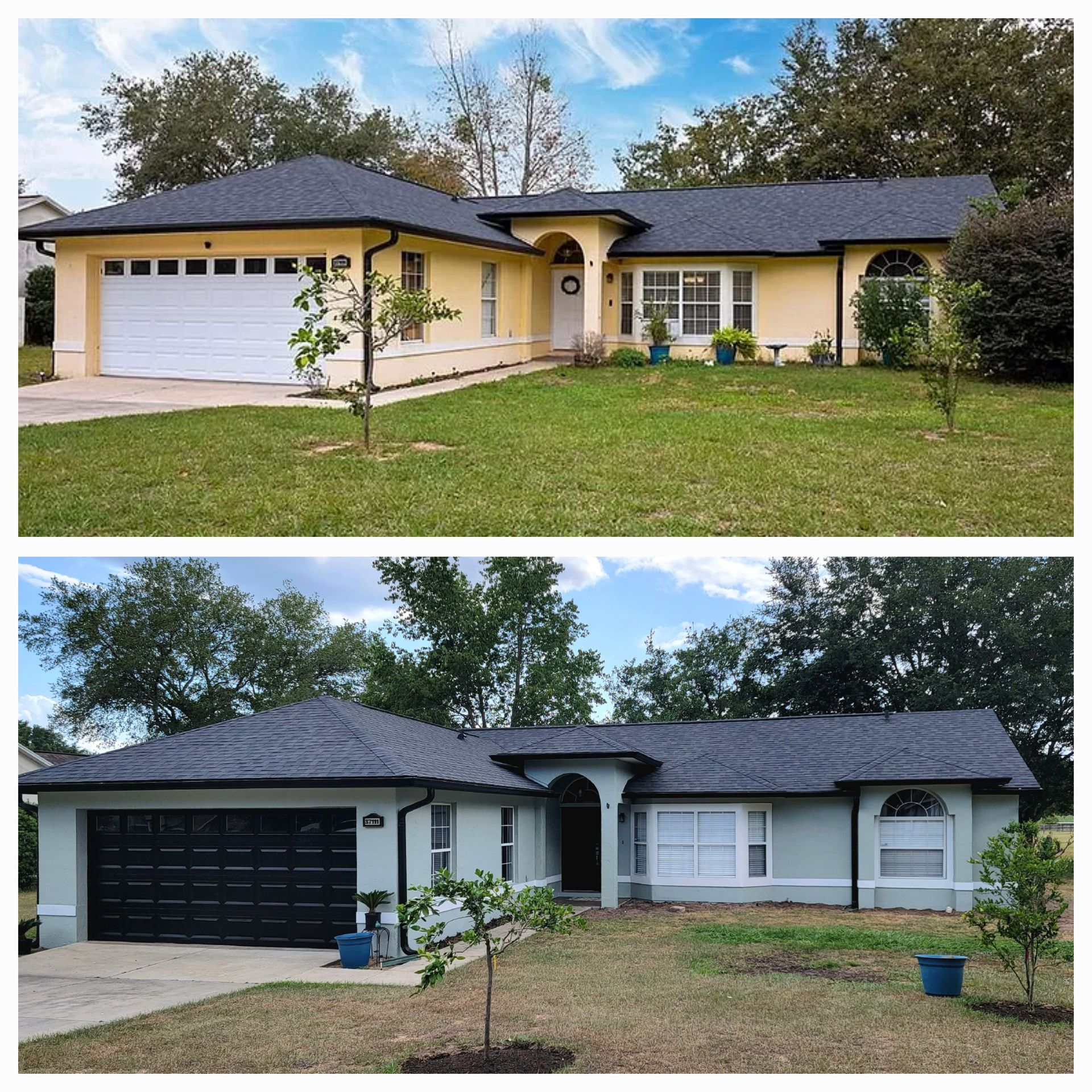 A before and after photo of a house with a black roof