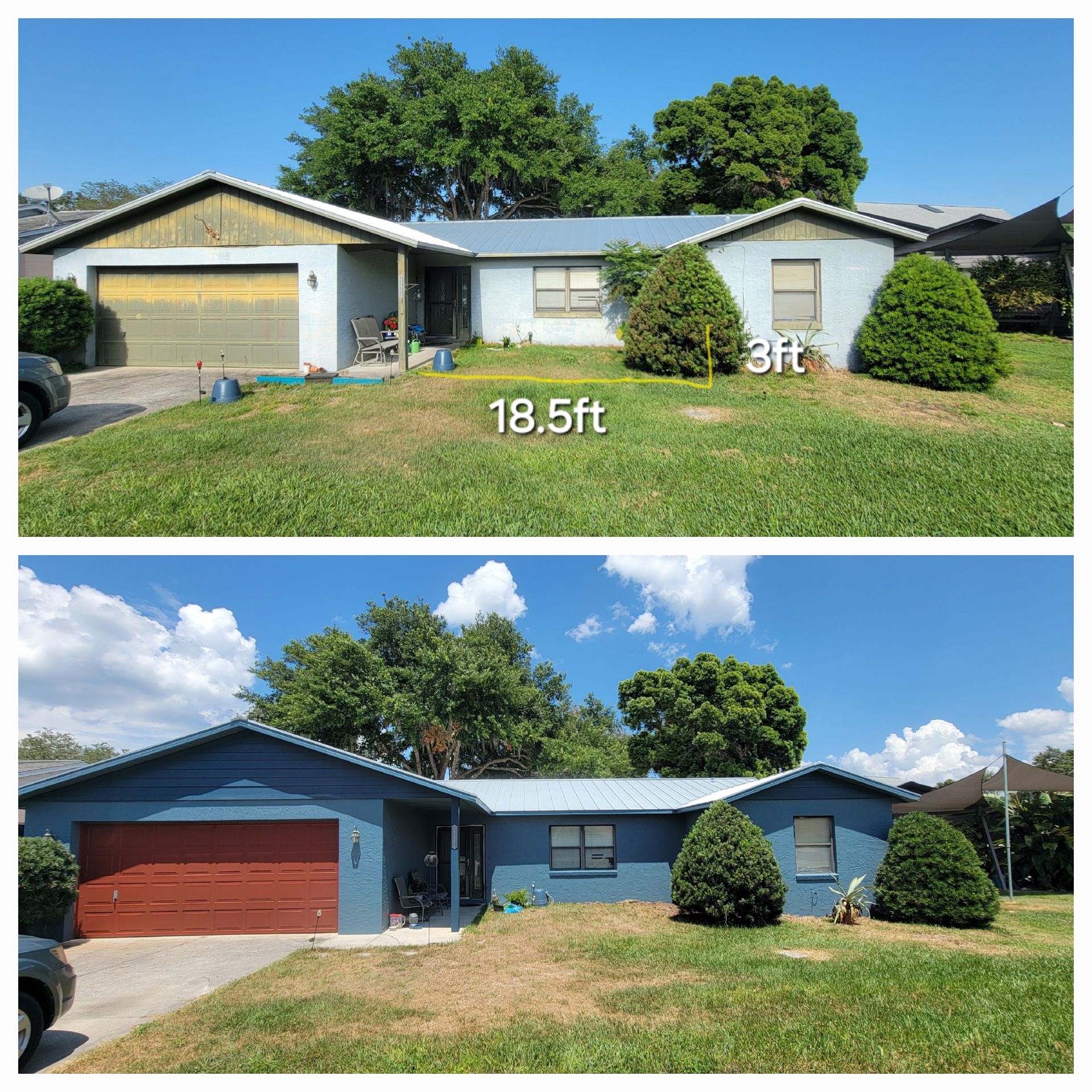 A before and after picture of a house that has been painted blue.