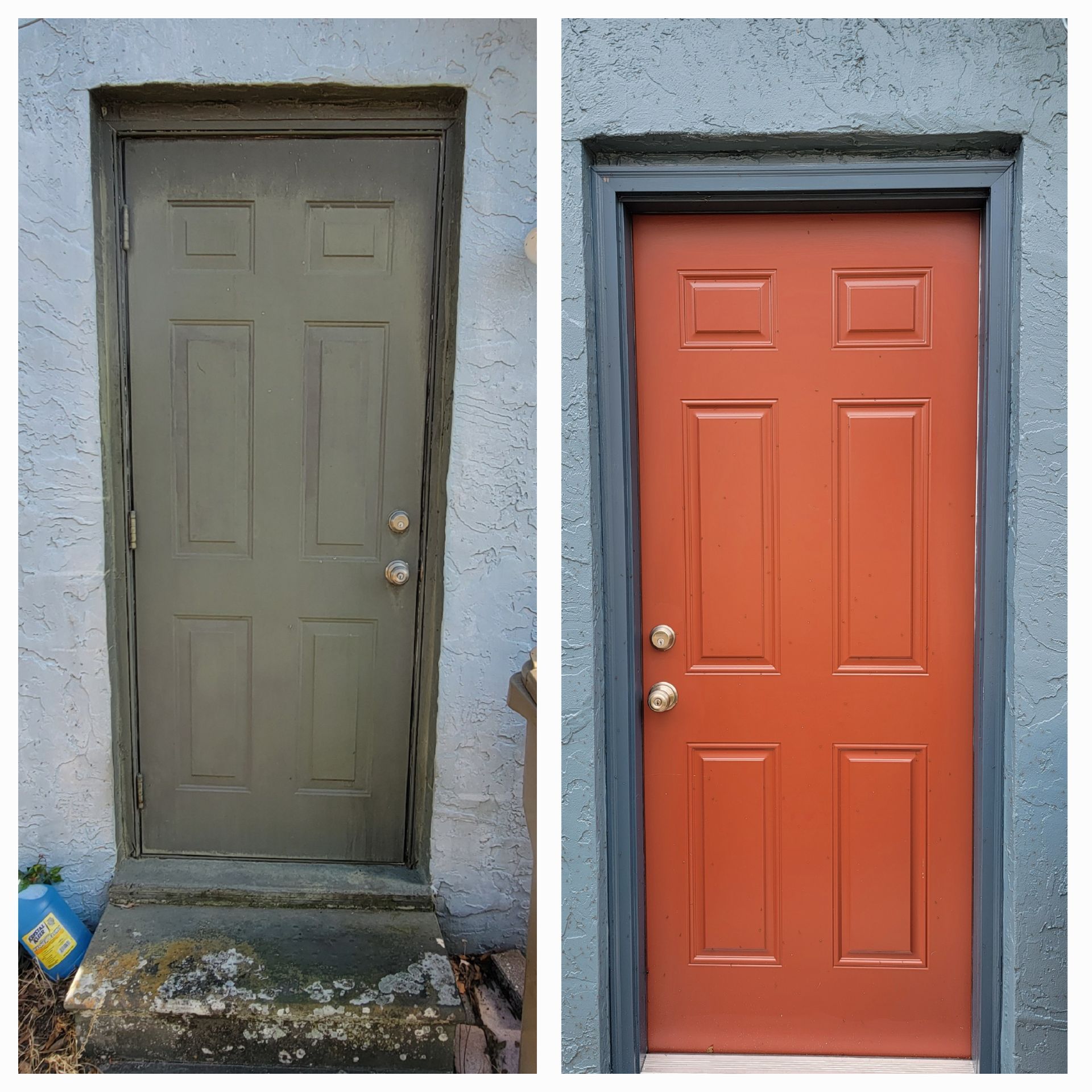 A door before and after being painted red