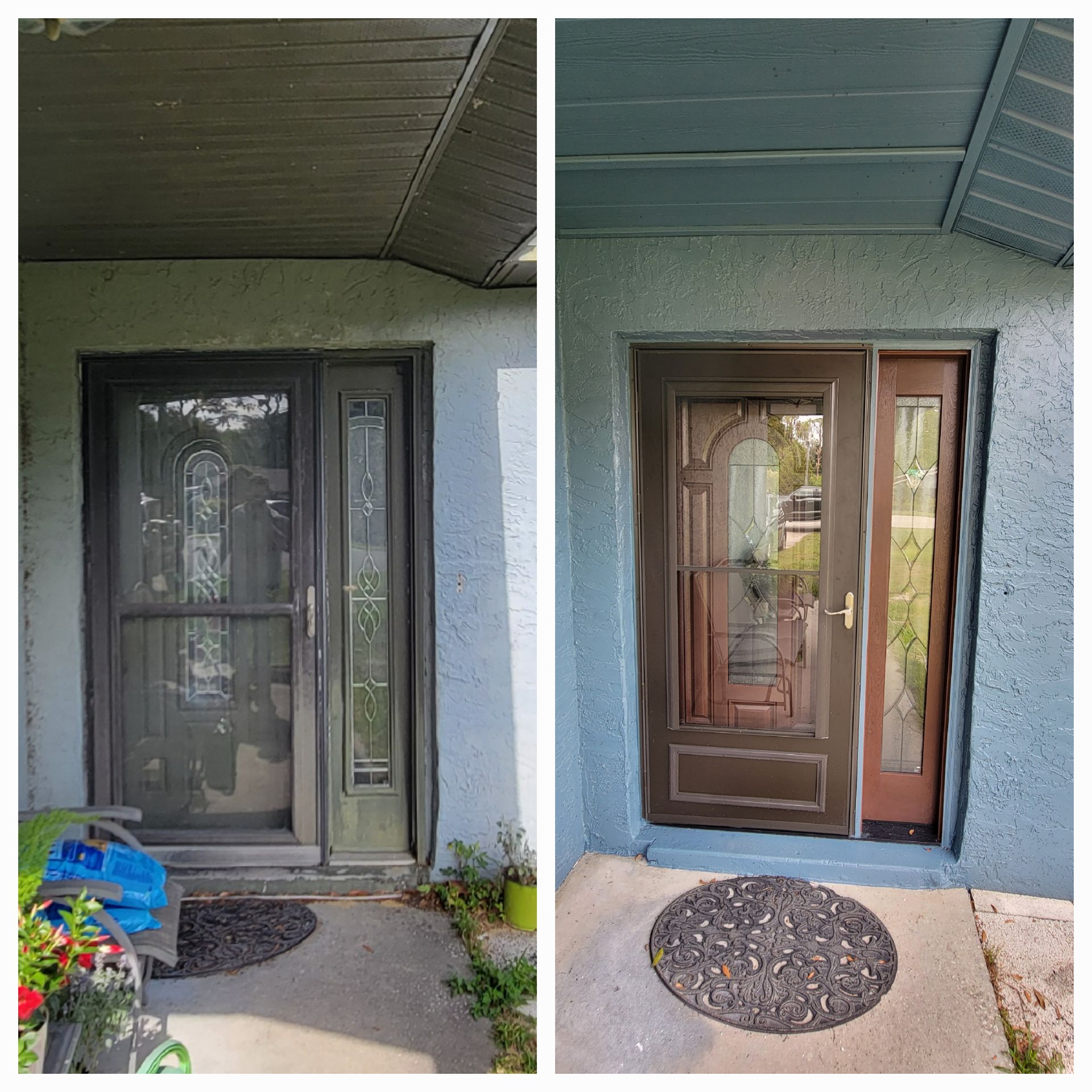 A before and after picture of a front door on a house.