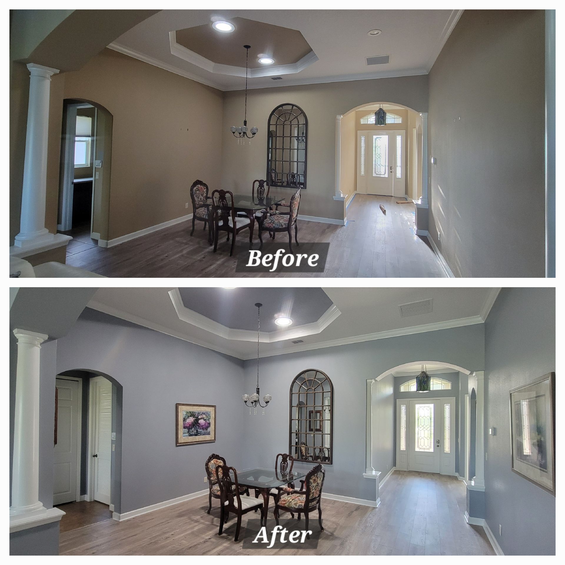 A before and after photo of a dining room with a table and chairs