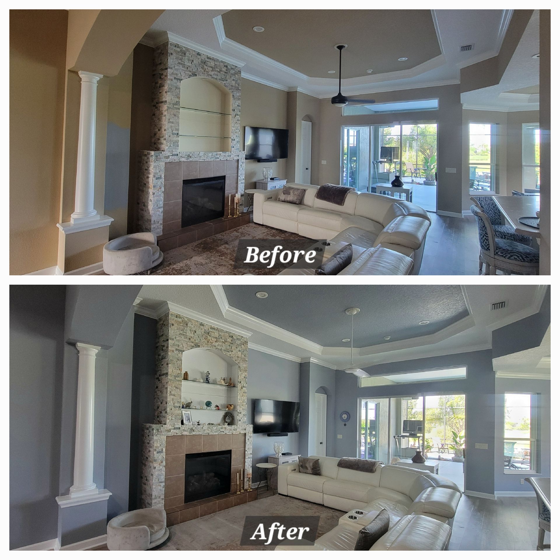 A before and after photo of a living room with a fireplace.