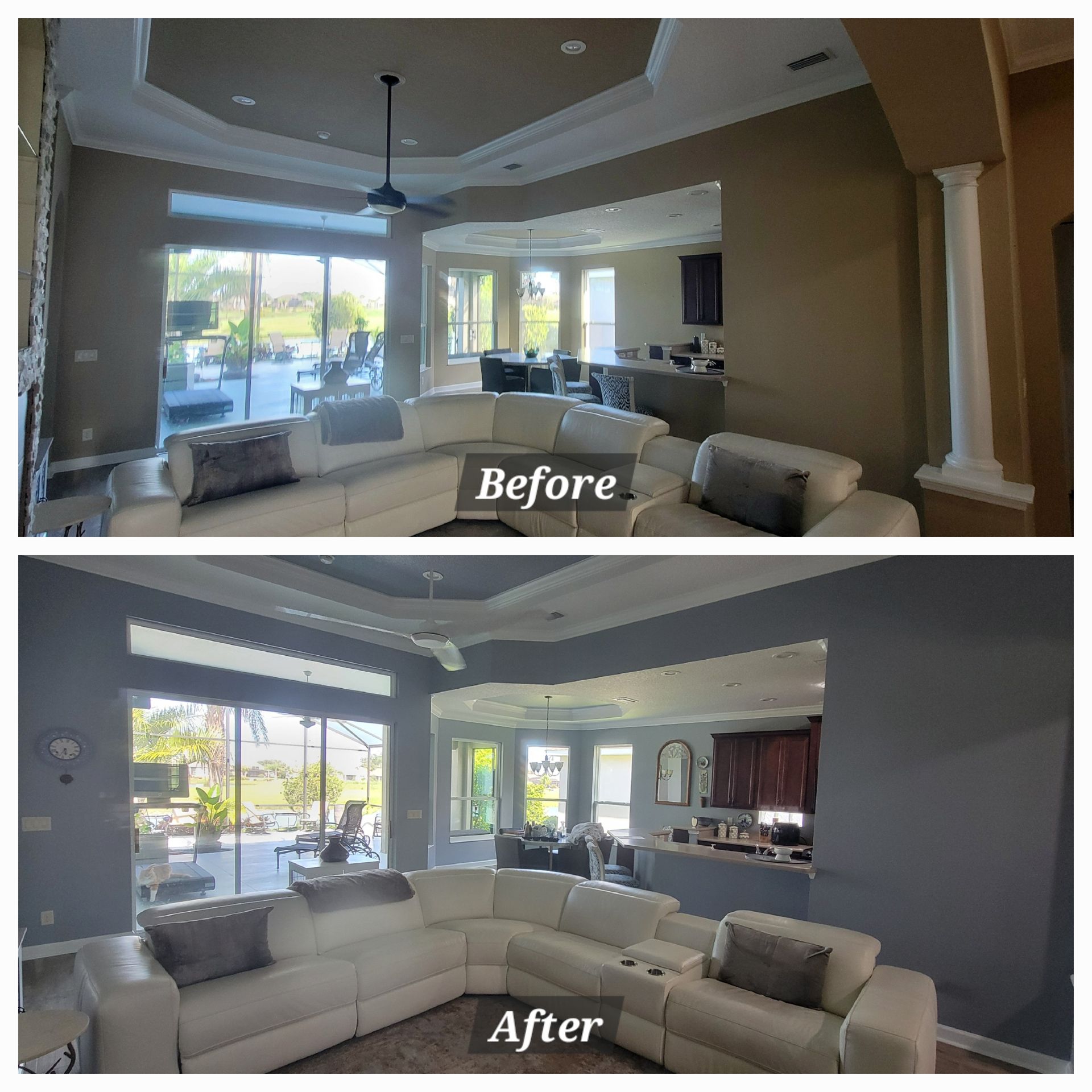 A before and after photo of a living room with a sectional couch.