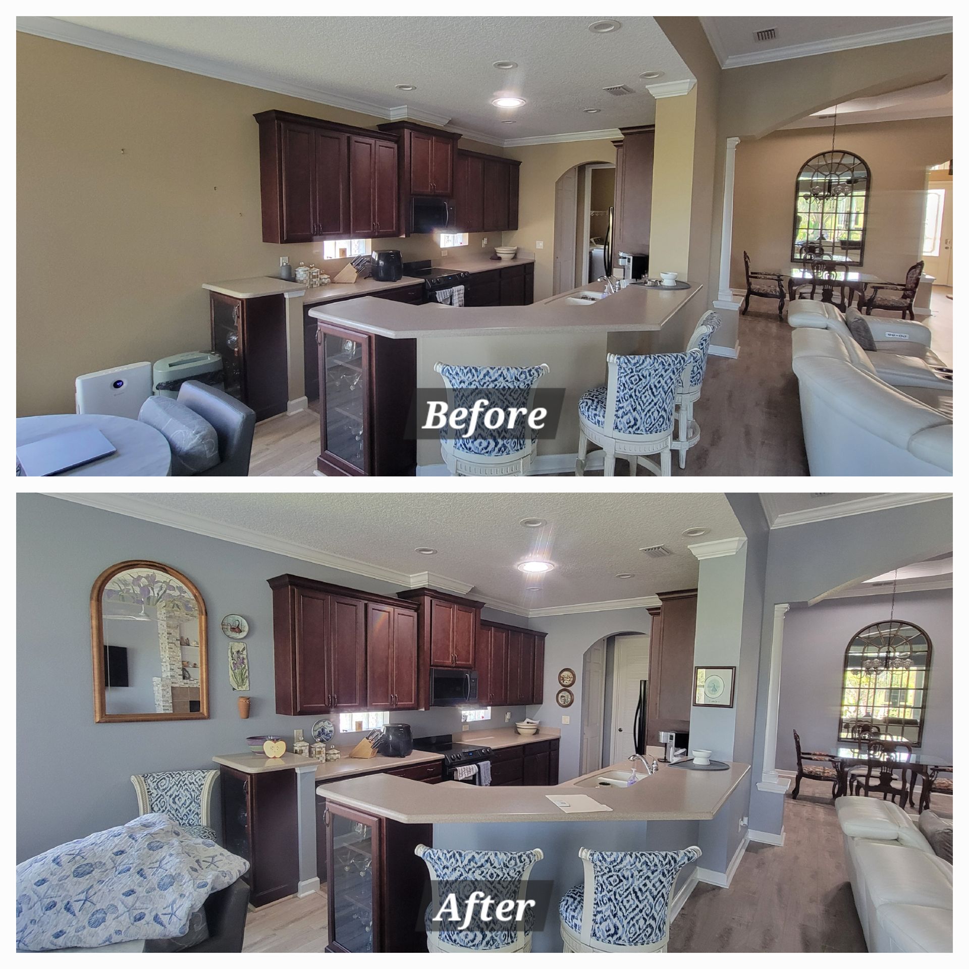 A before and after photo of a kitchen and living room