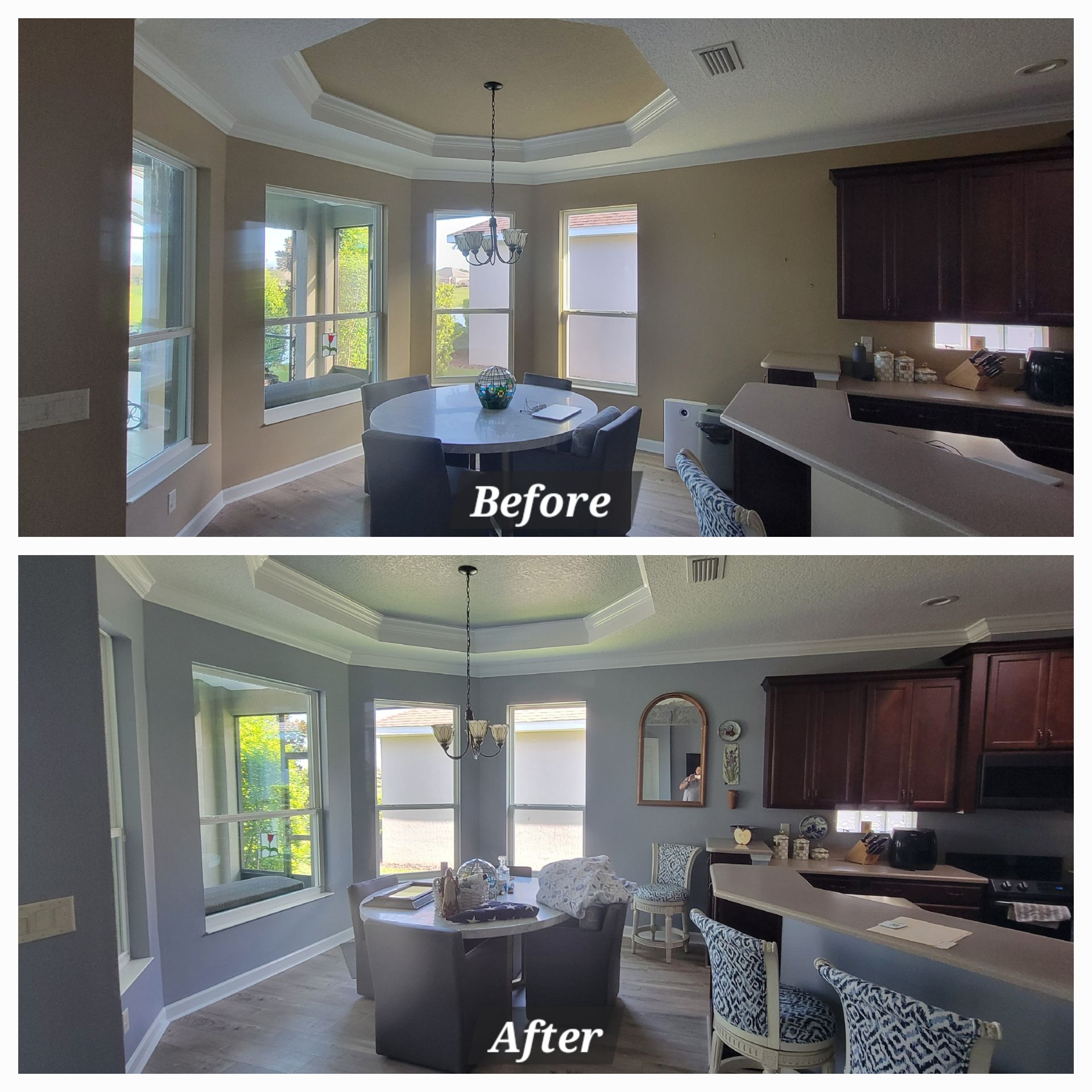 A before and after photo of a dining room and kitchen