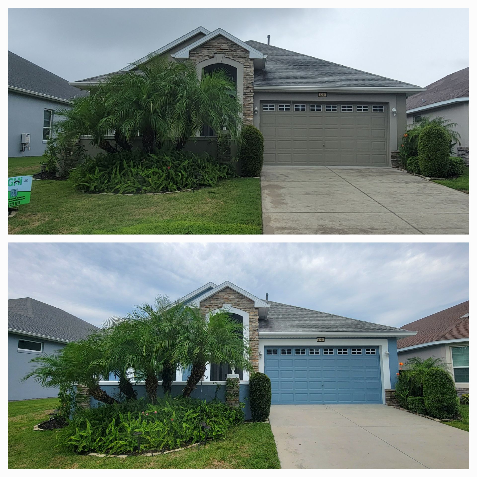 A before and after picture of a house with a blue garage door.