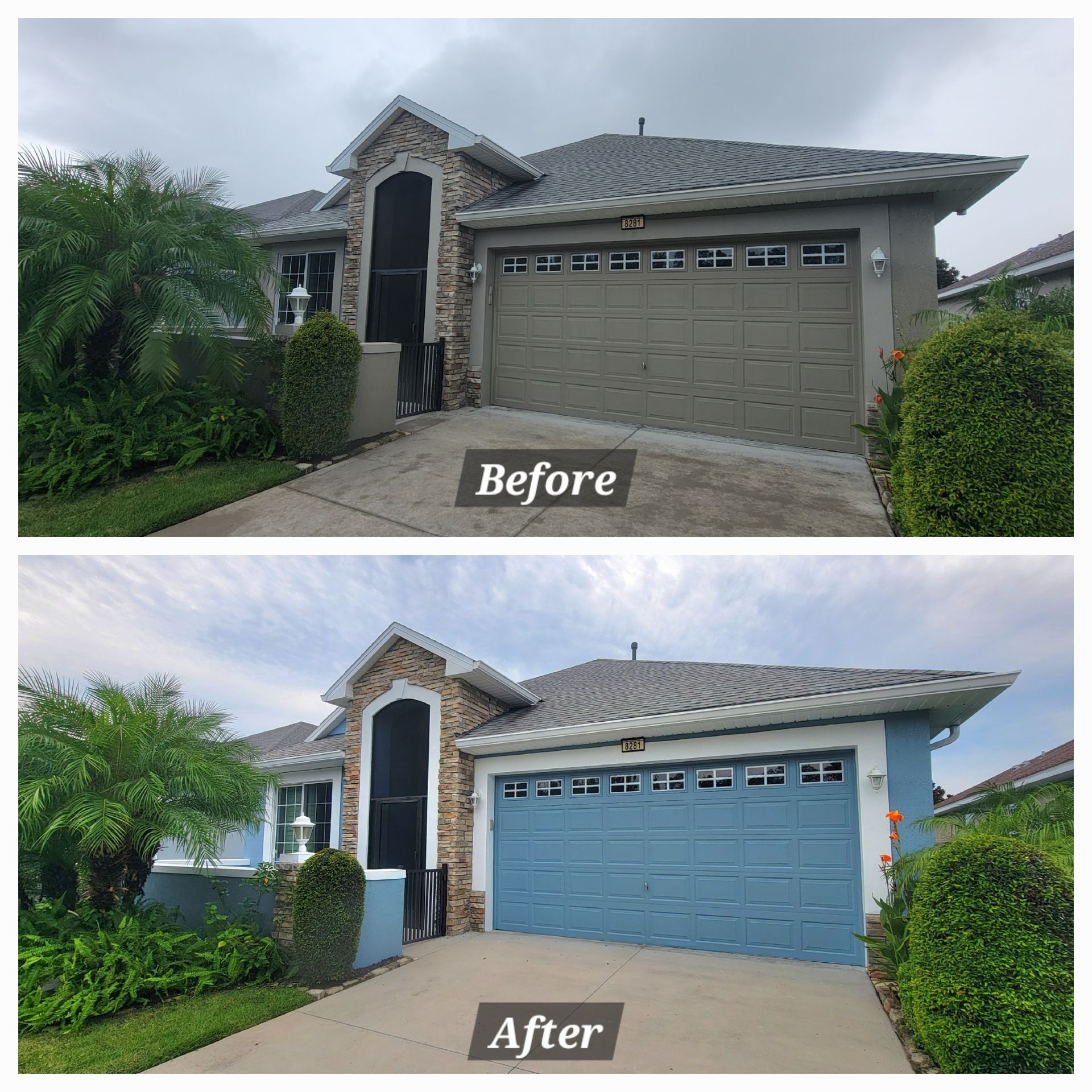 A before and after picture of a house with a blue garage door.
