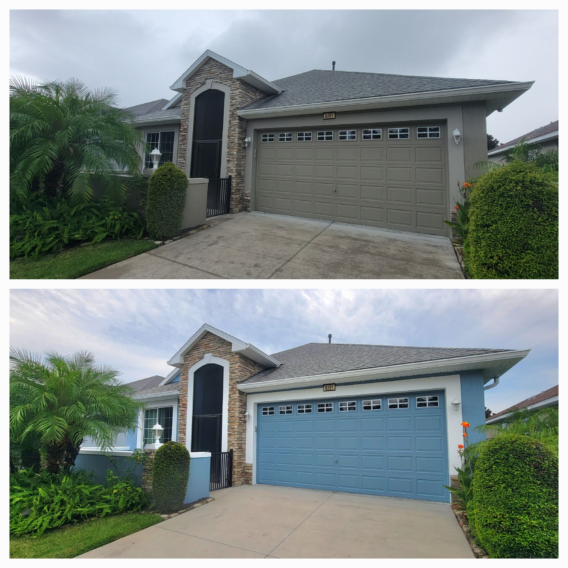 A before and after picture of a house with a blue garage door.