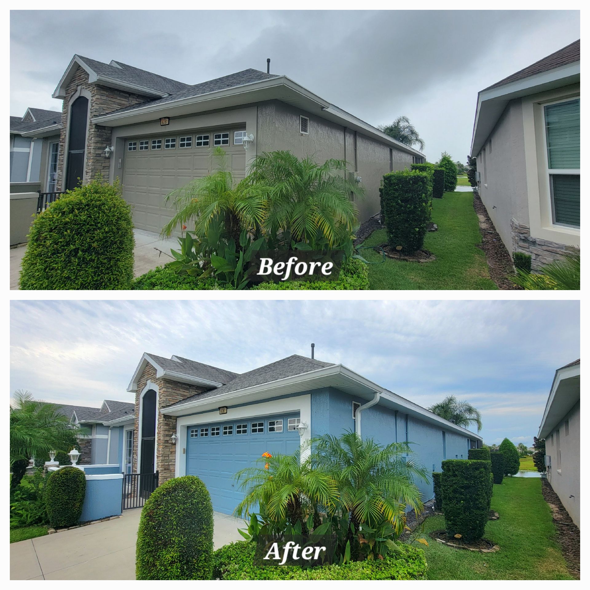 A before and after picture of a house painted blue.