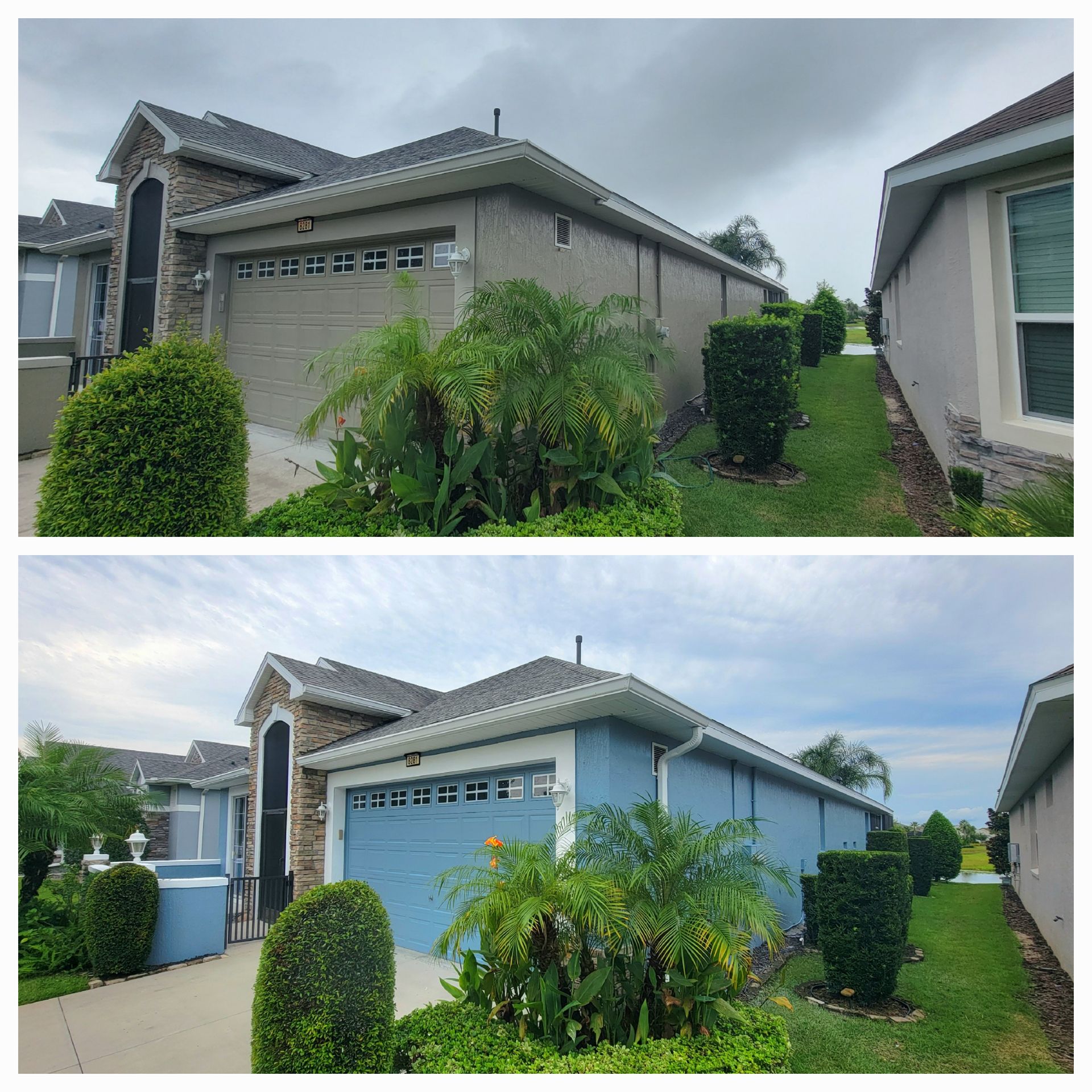 A before and after picture of a house that has been painted blue.