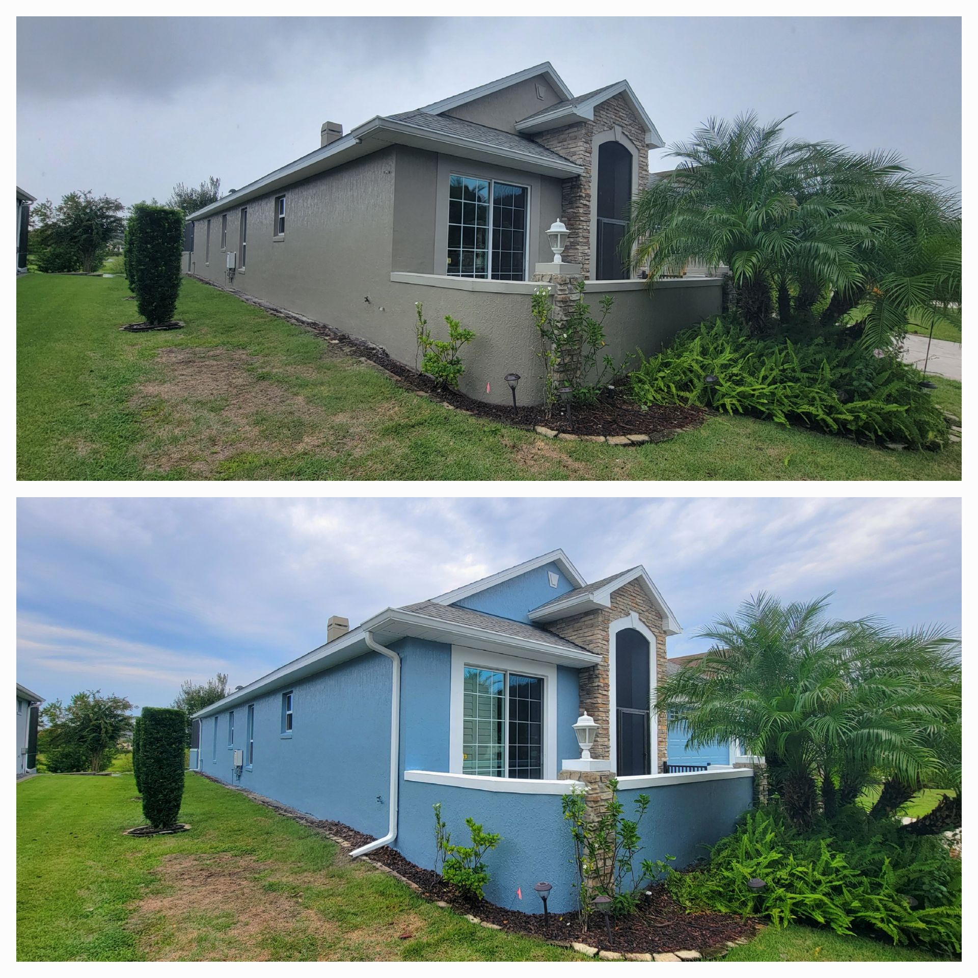 A before and after picture of a house that has been painted blue.