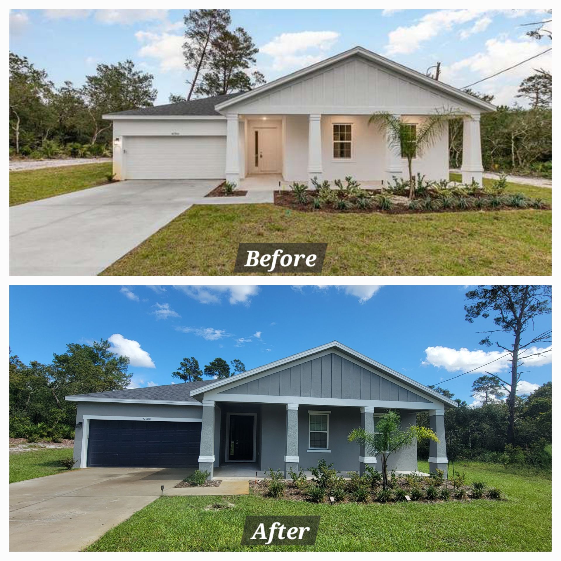 A before and after photo of a house