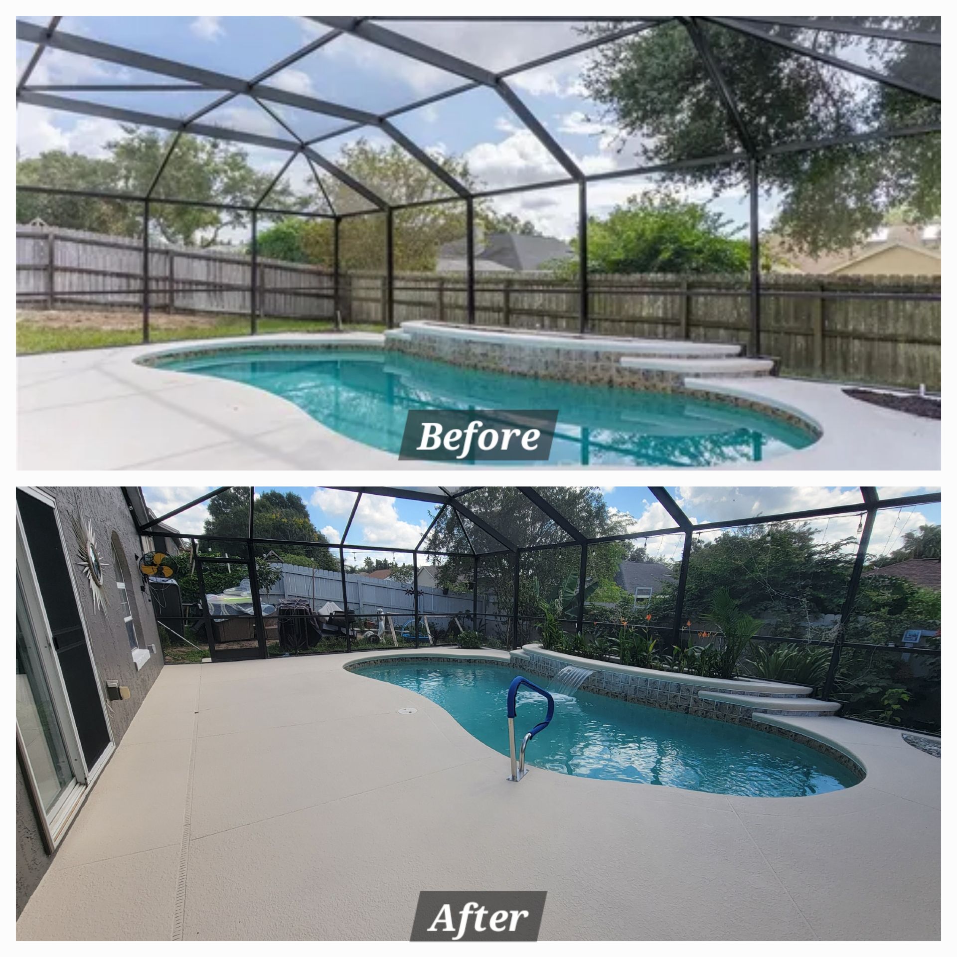 A before and after photo of a swimming pool with a screened in area.