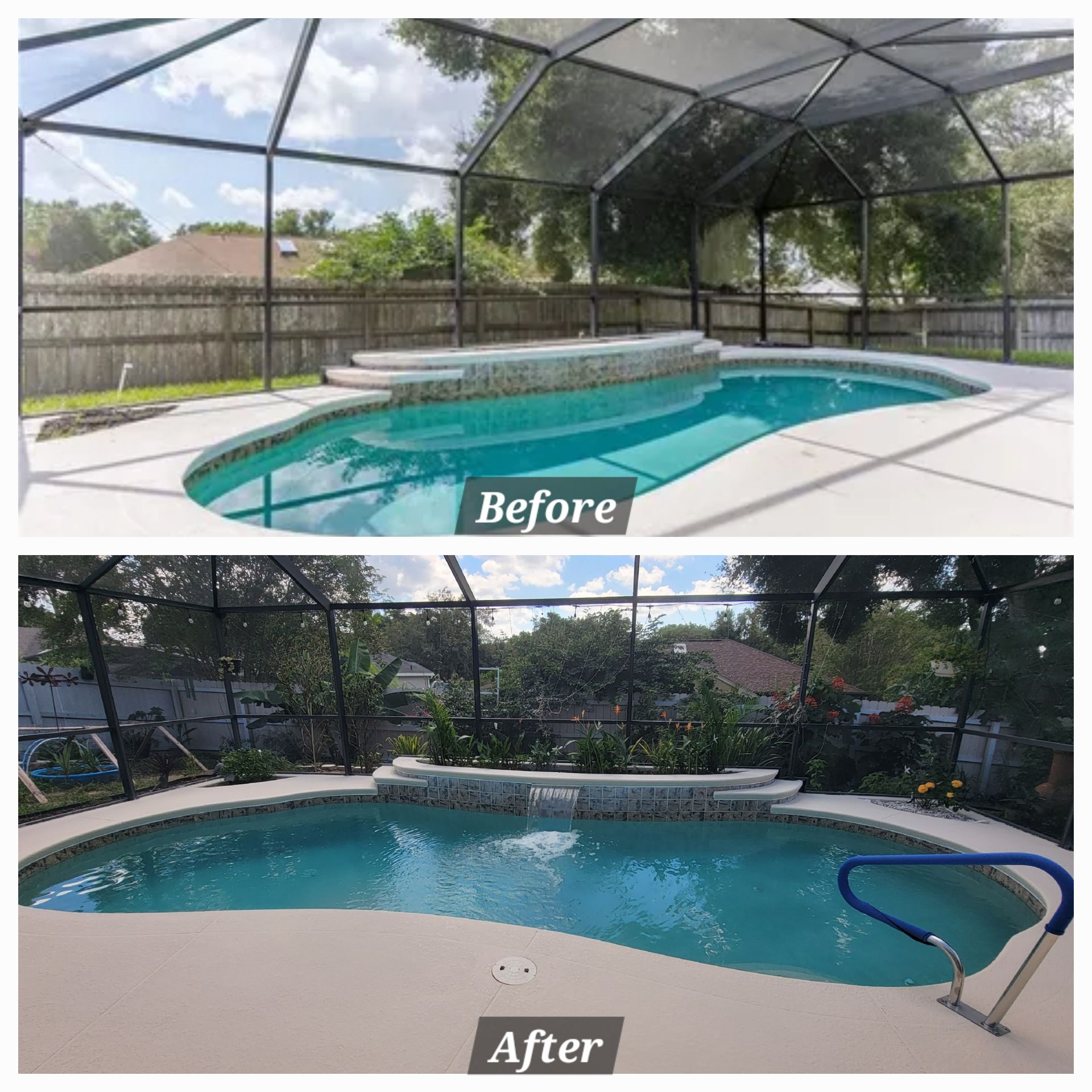 A before and after photo of a swimming pool with a screened in area.