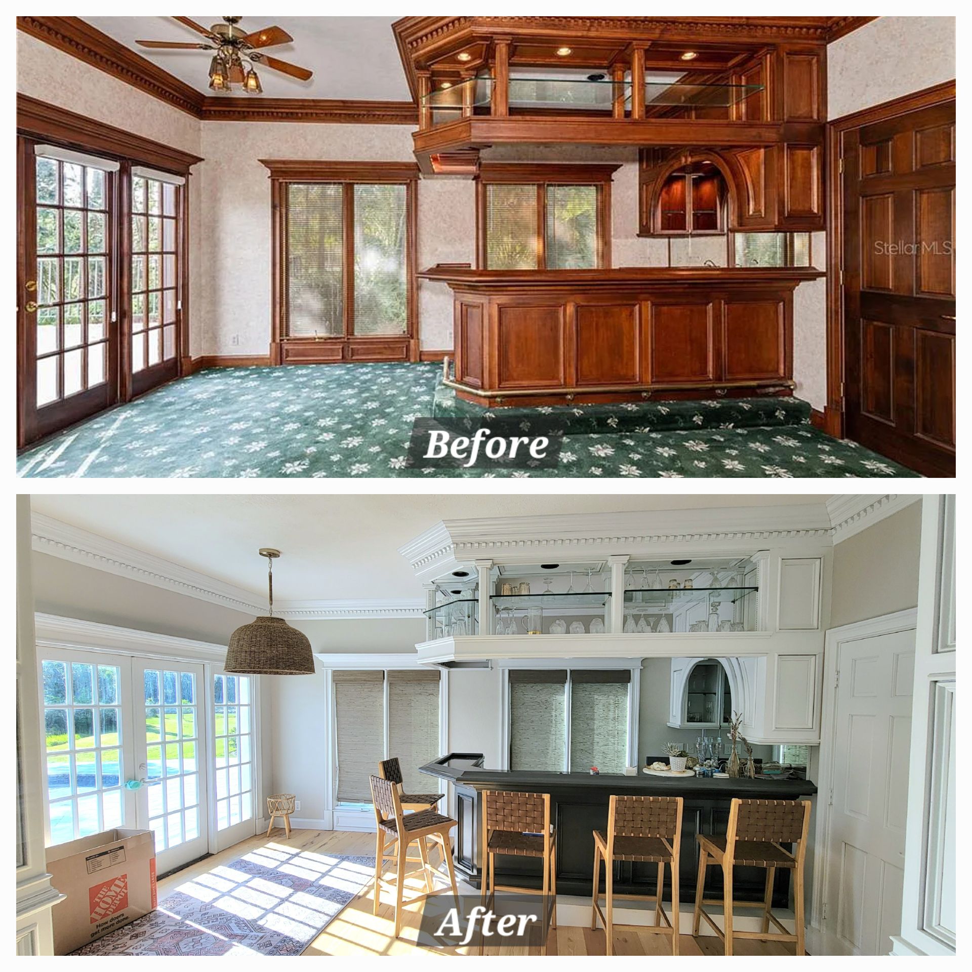 A before and after photo of a living room with a bar