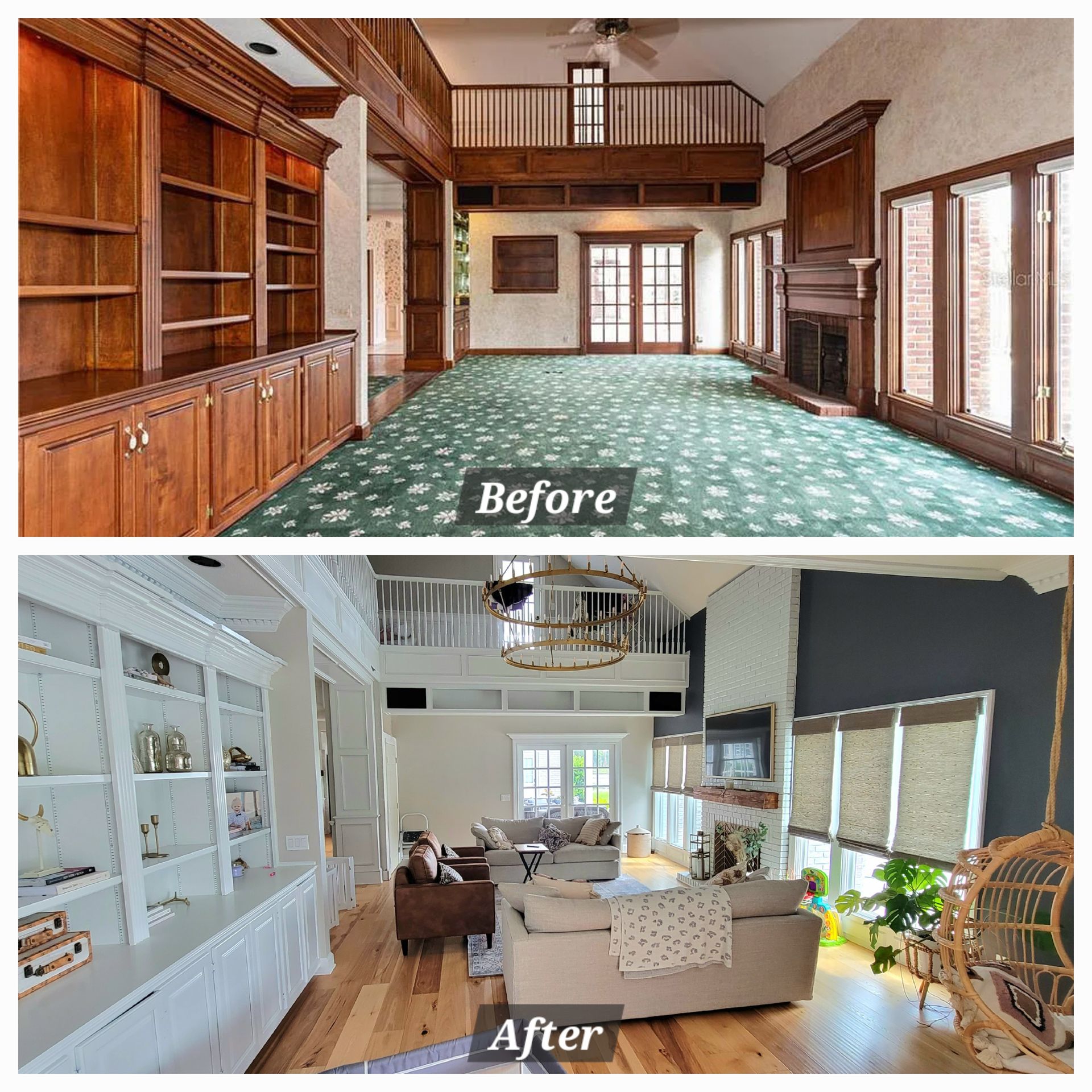 A before and after photo of a living room