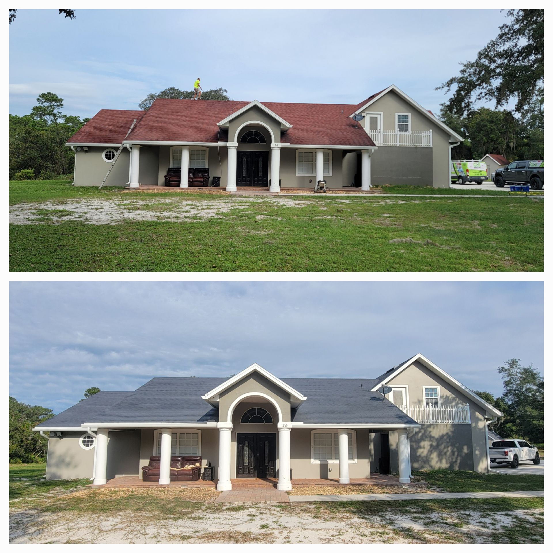 A before and after picture of a house with a red roof