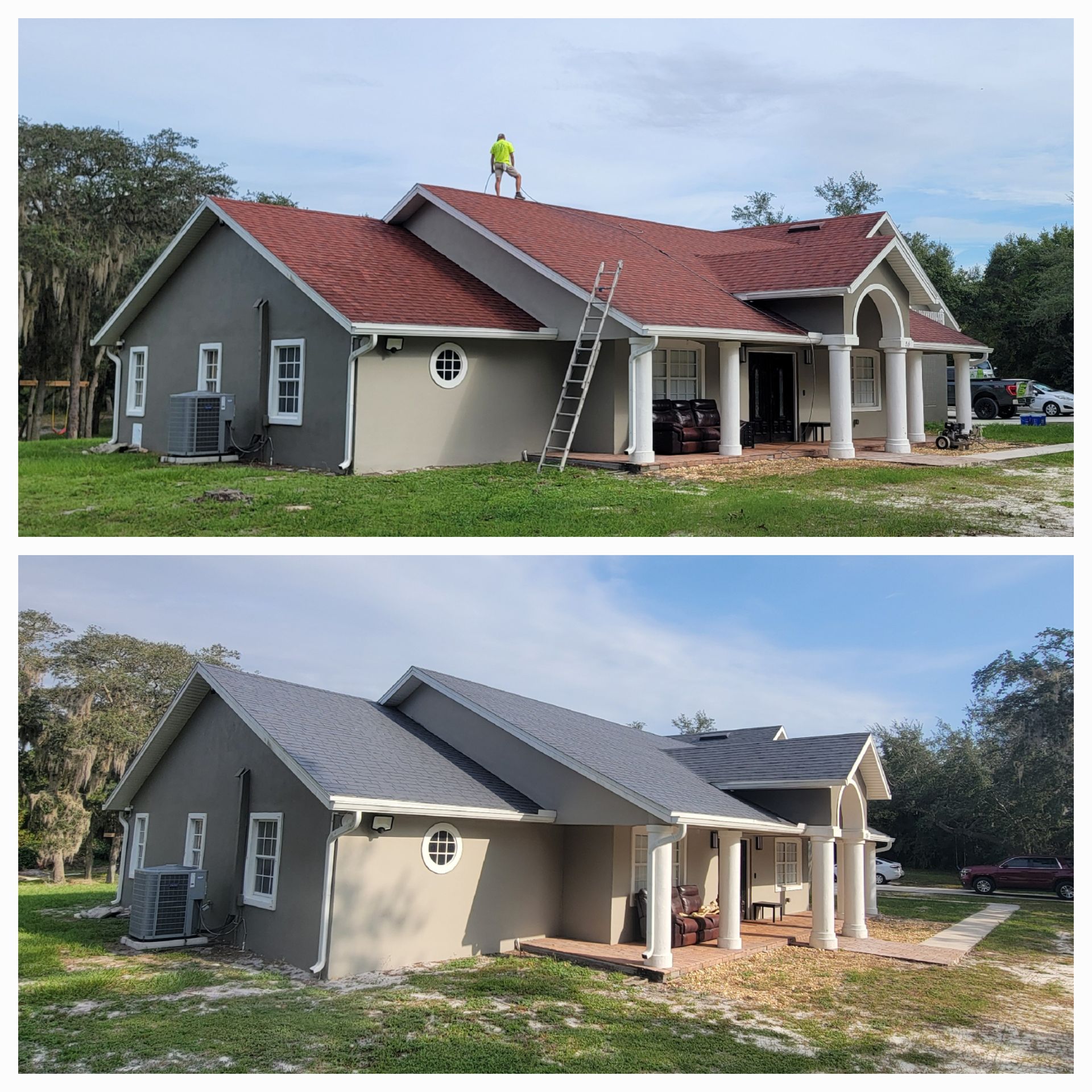 A before and after picture of a house with a red roof.