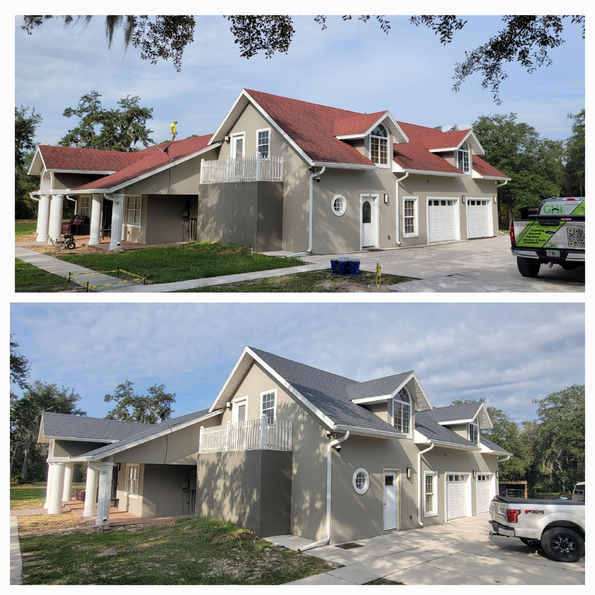 A before and after picture of a house with a red roof.